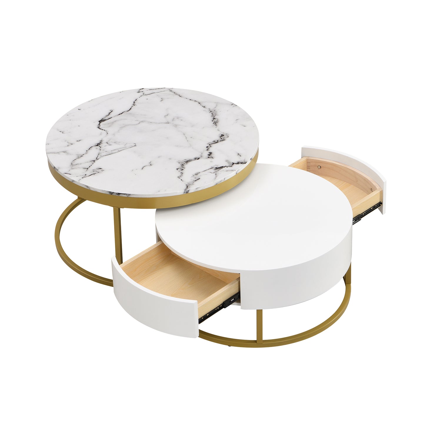 Contemporary White and Gold Nesting Coffee Table with Storage Drawers