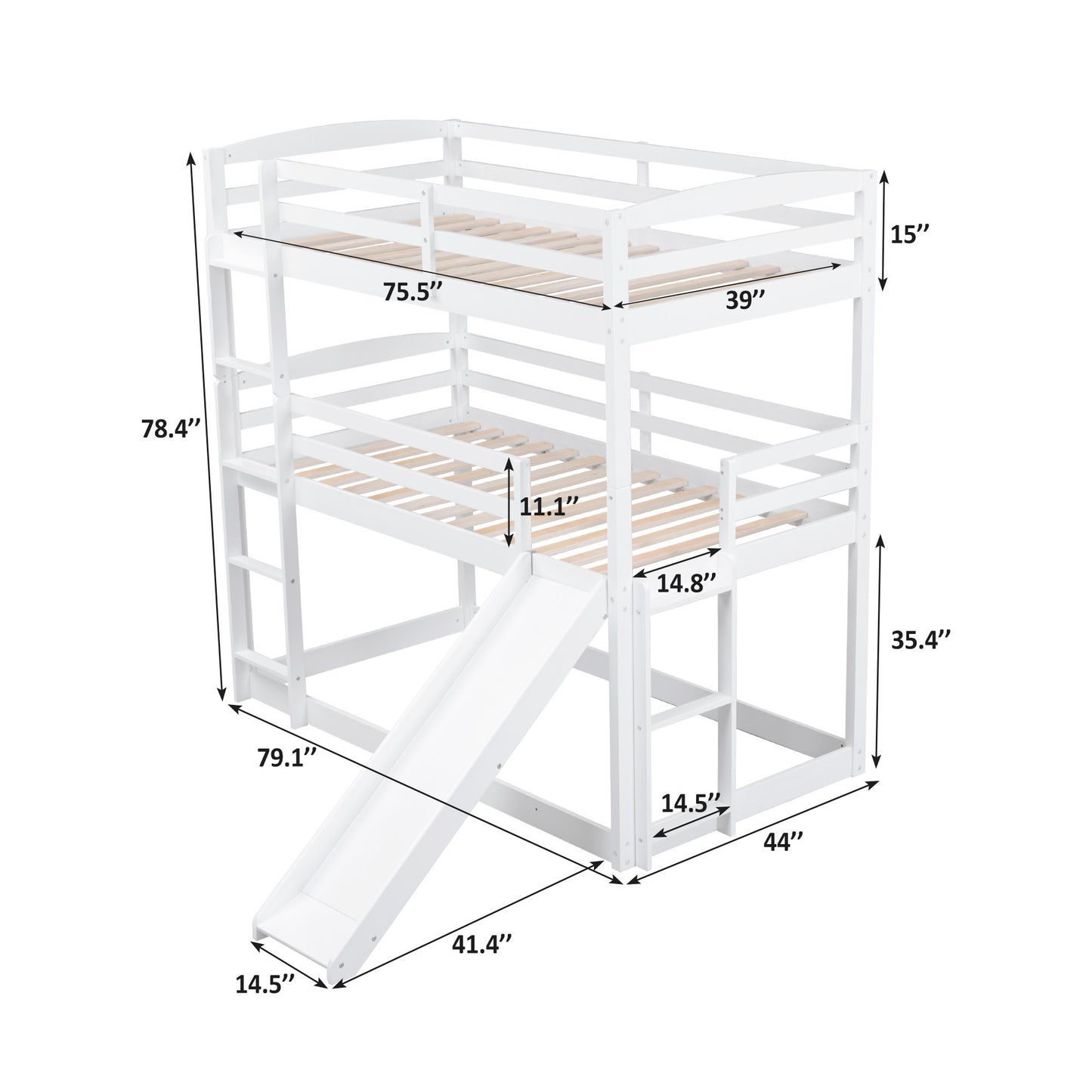 Innovative White Triple Bunk Bed with Slide, Ladder, and Vertical Space Optimization