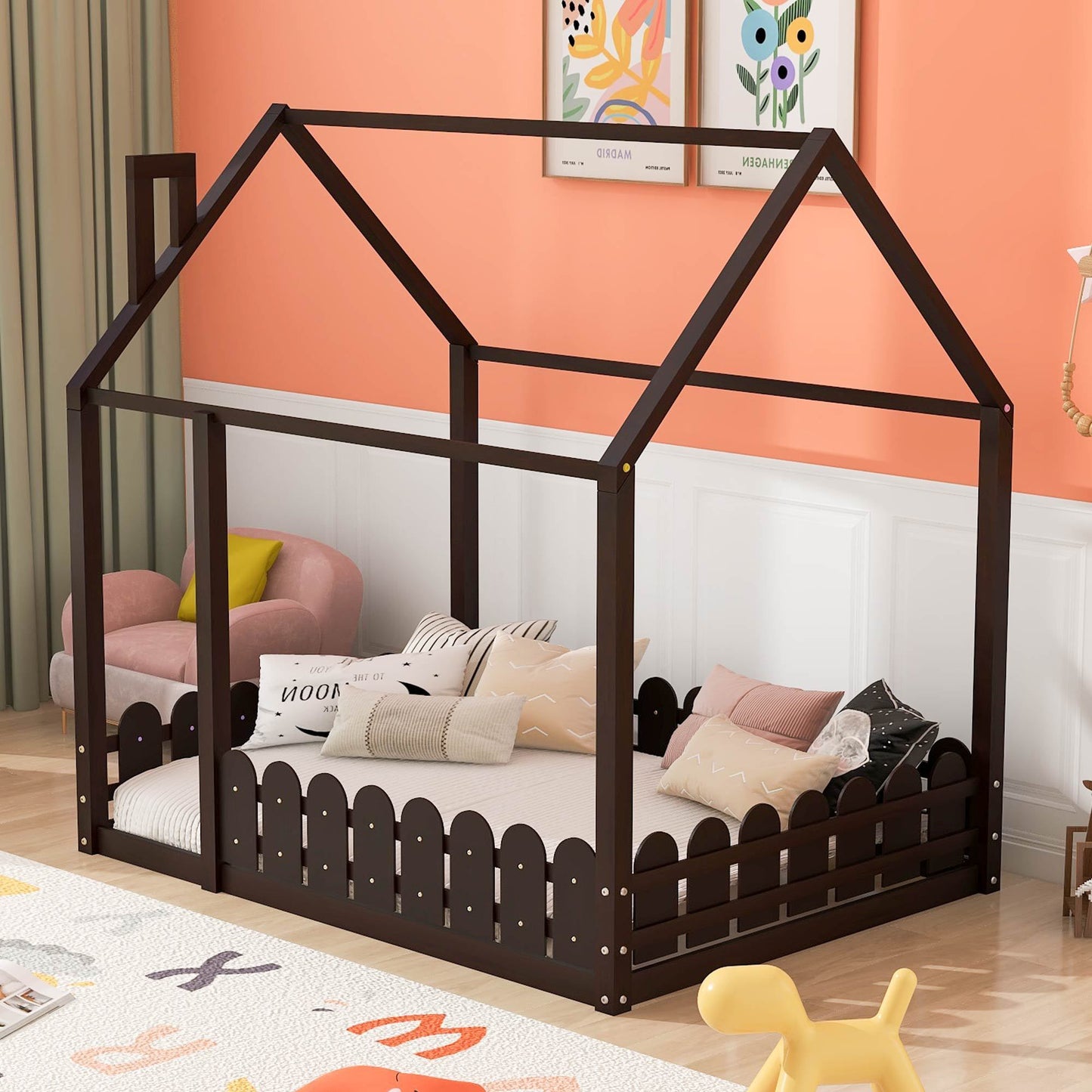 Full Size Wood Bed House Bed Frame with Fence,for Kids,Teens,Girls,Boys (Espresso )