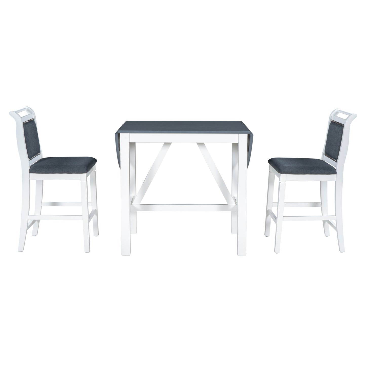 3-Piece Wood Counter Height Drop Leaf  Dining Table Set with 2 Upholstered Dining Chairs for Small Place, White+Gray