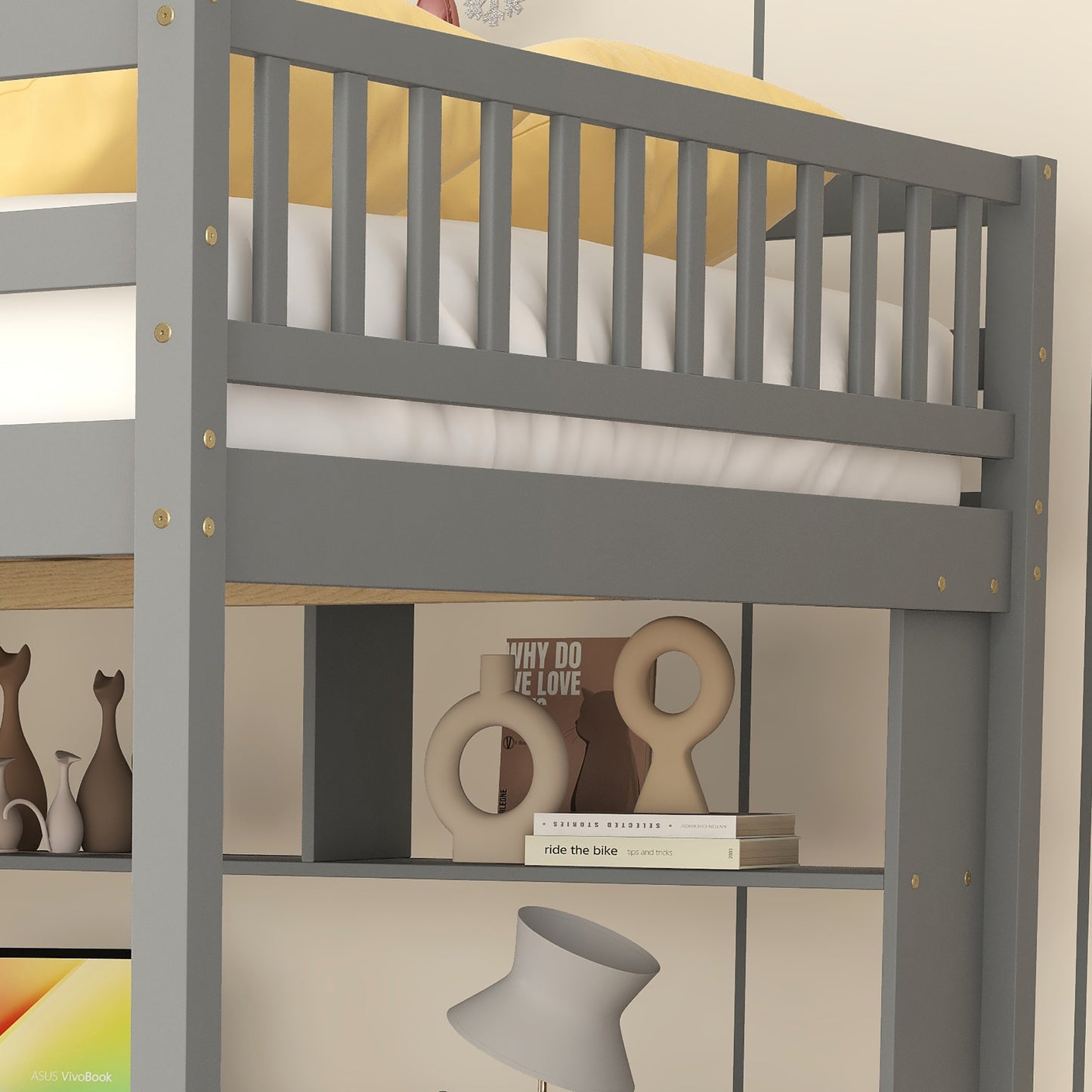 Full Size Loft Bed with Desk, Storage shelves and Staircase,Grey