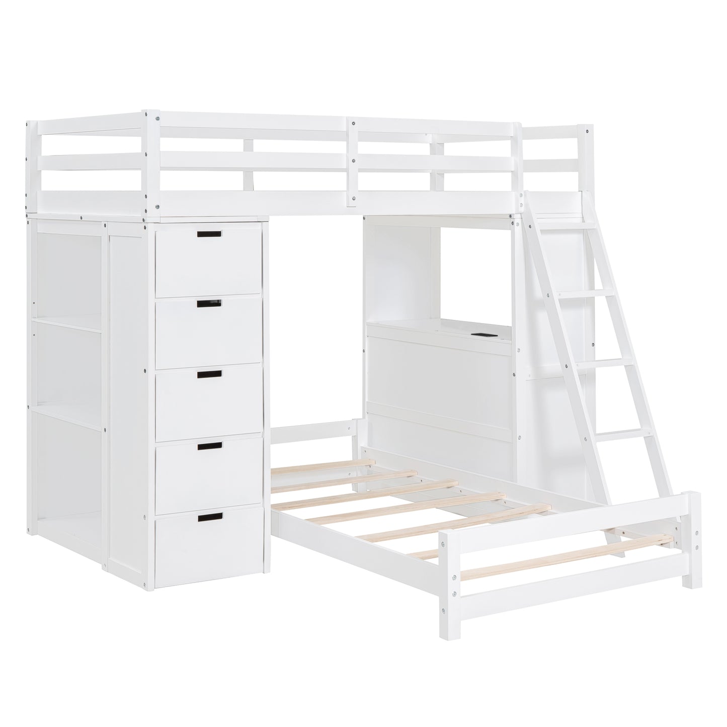 White Twin Bunk Bed with LED Light, USB Ports, and Storage Options