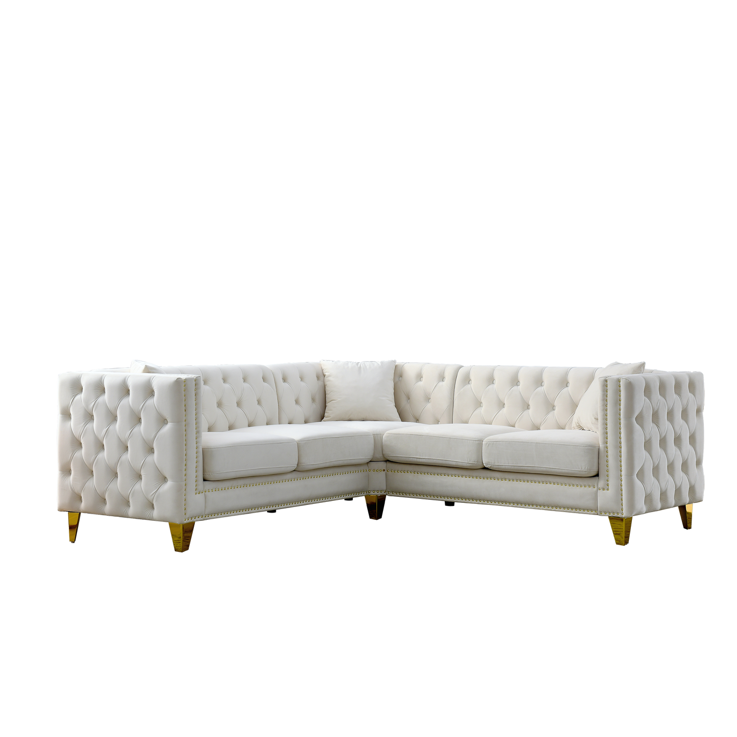 82.2-Inch Beige Velvet L-Shaped Sectional Sofa with Nailhead Trim and Metal Legs, 5-Seater Couch with Classic Chesterfield Design