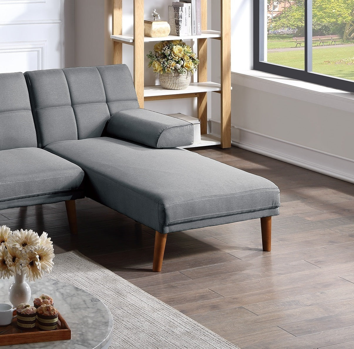 Blue Grey Polyfiber Adjustable Sectional Sofa Set with Tufted Back and Solid Wood Legs