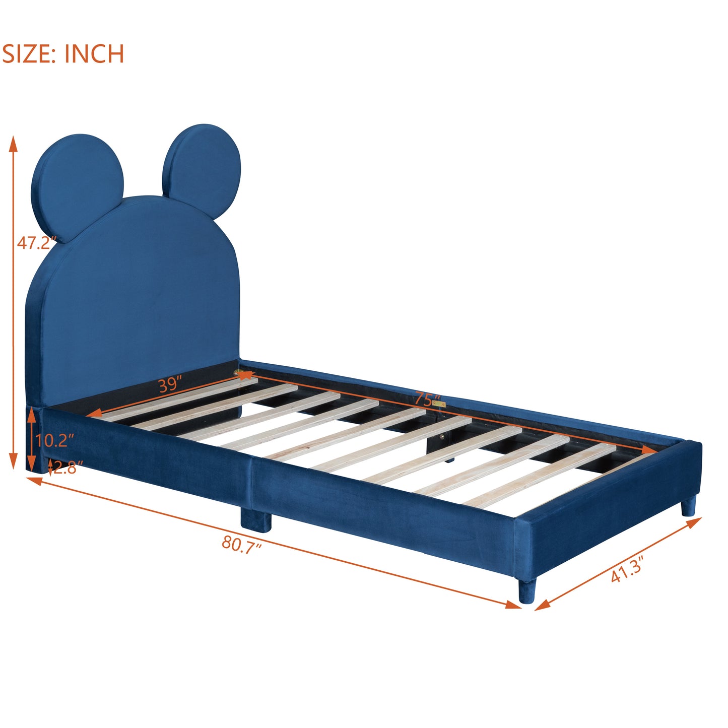 Twin Size Upholstered Platform Bed with Bear Ear Shaped Headboard, Blue