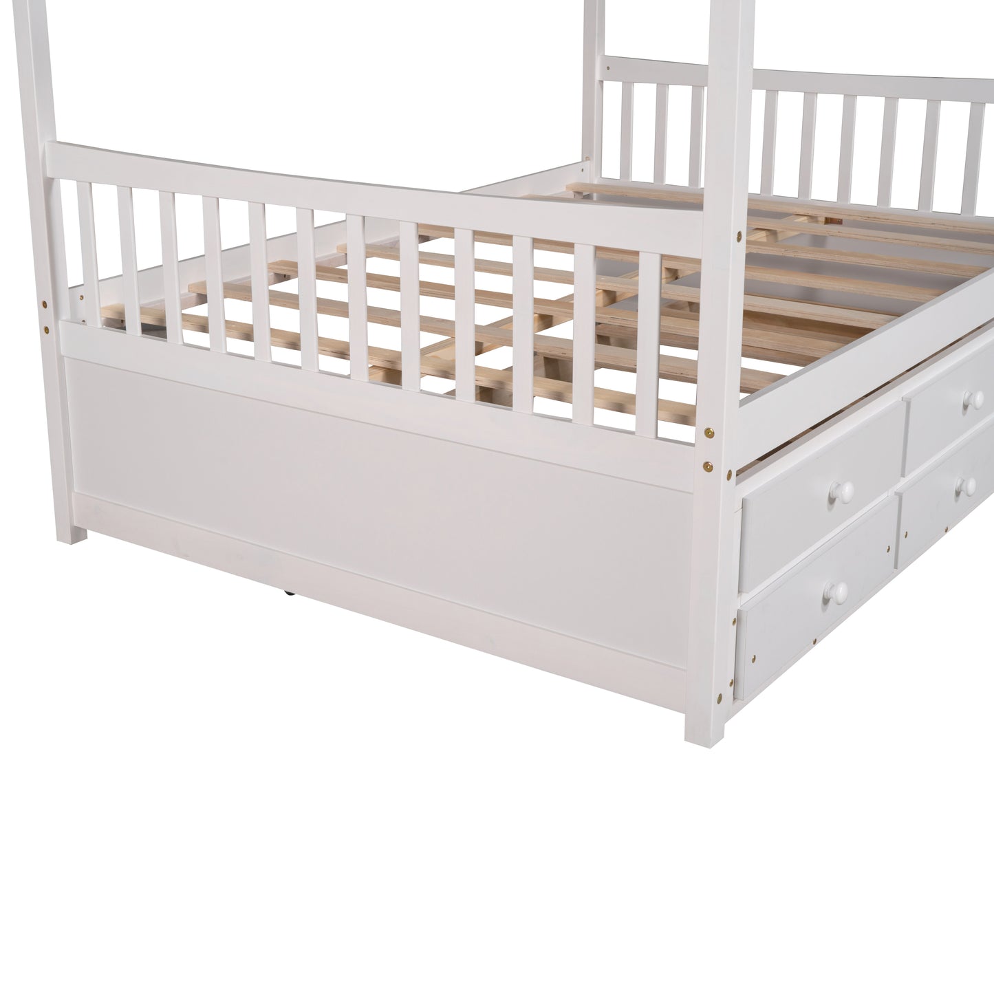 Full size Wooden House Bed with Trundle and 3 Storage Drawers-White