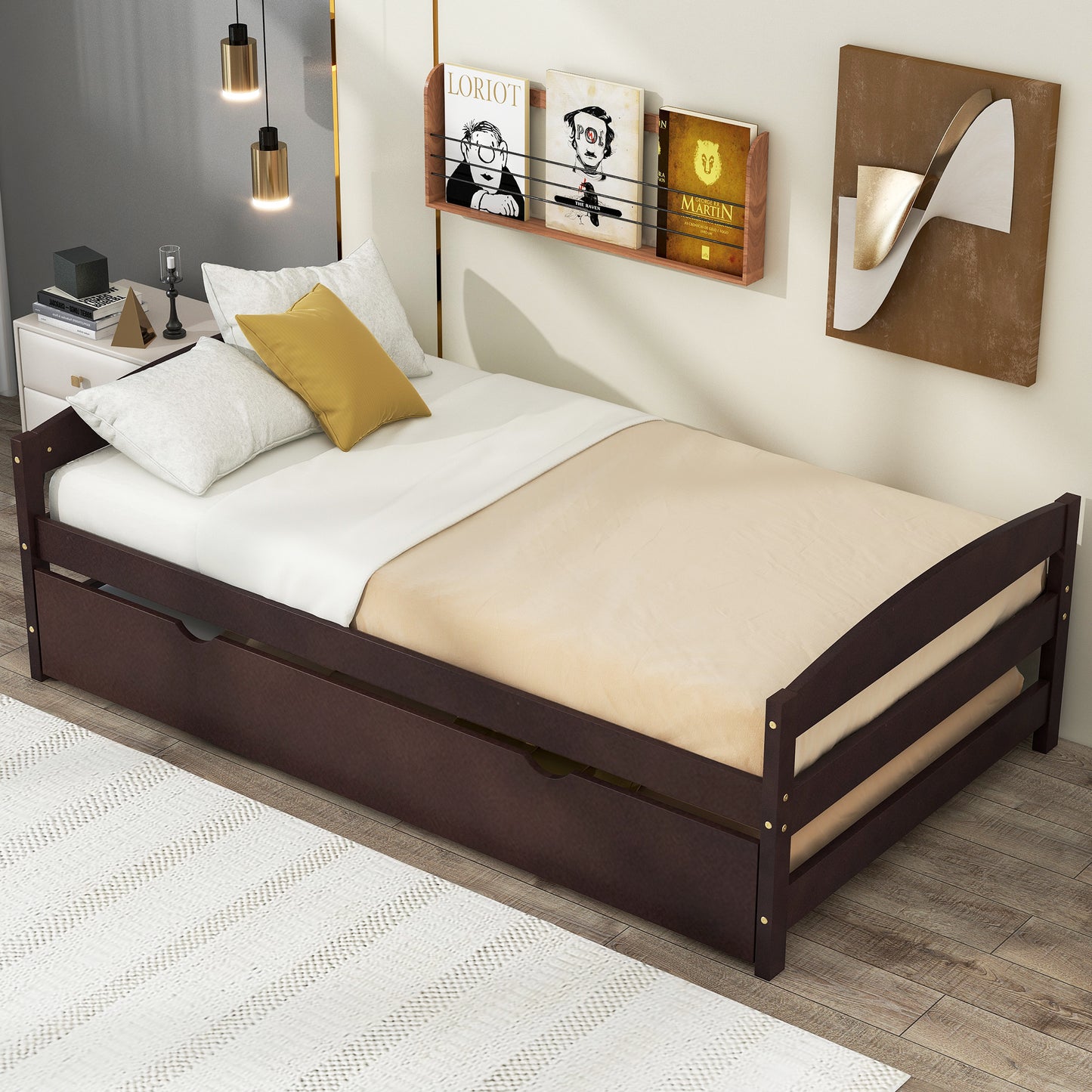 Twin Size Platform Bed with Twin Size Trundle, Espresso(Expected Arrival Time: 1.7)