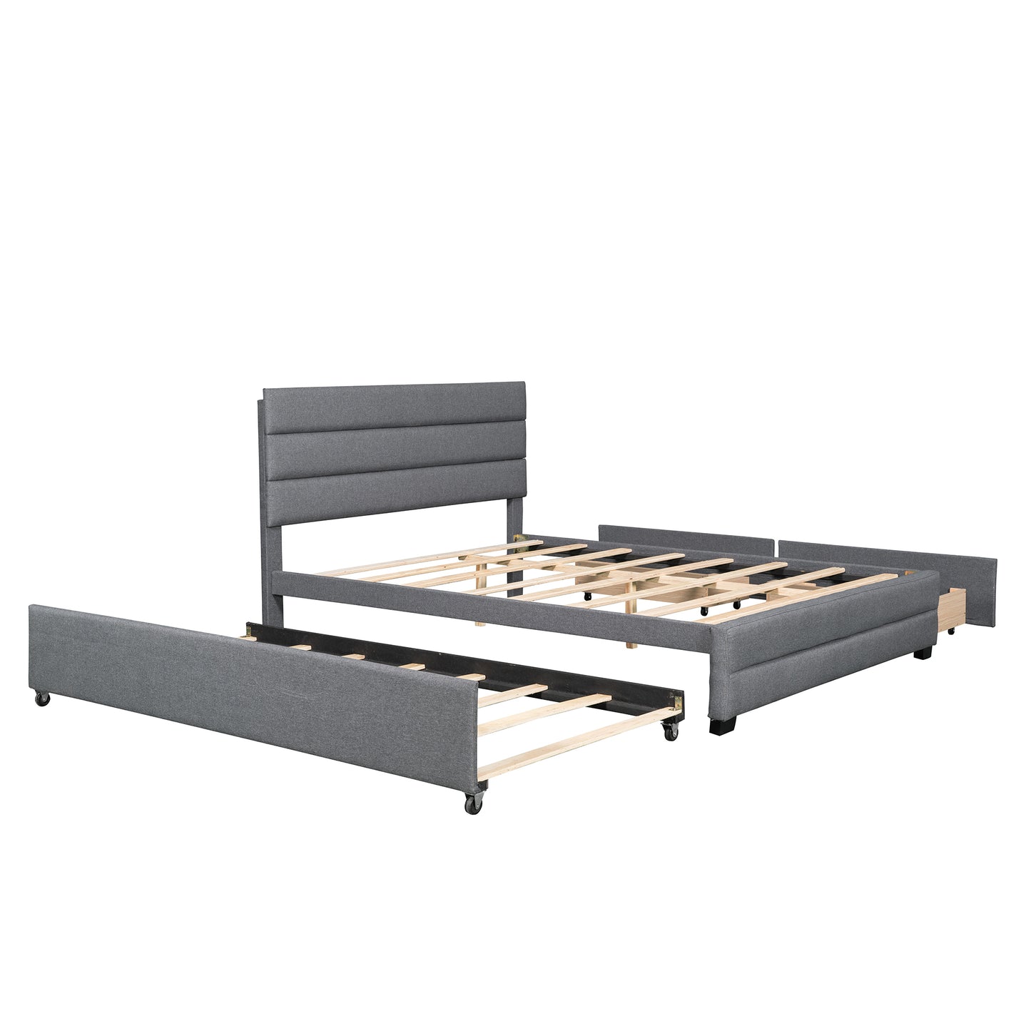 Queen Upholstered Platform Bed with Twin Size Trundle and Two Drawers,Grey