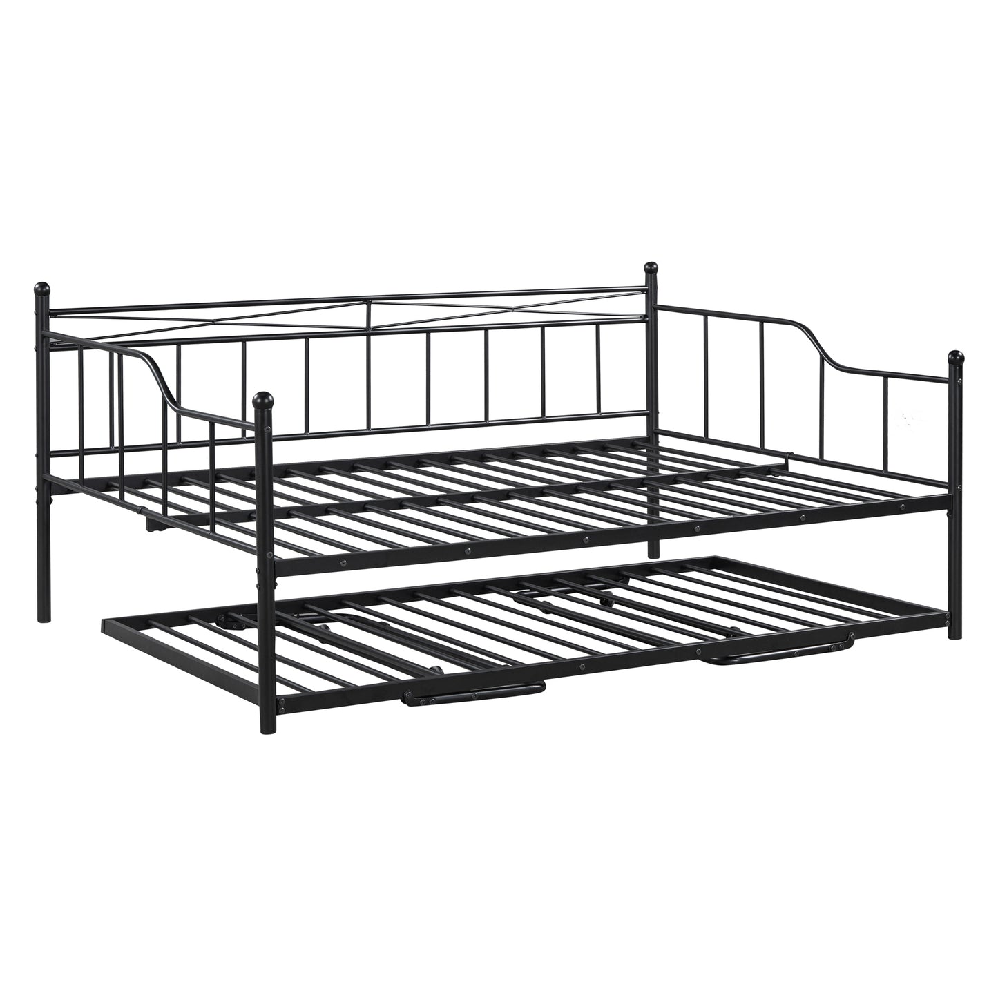 Full Size Metal Daybed with Twin Size Adjustable Trundle, Portable Folding Trundle, Black