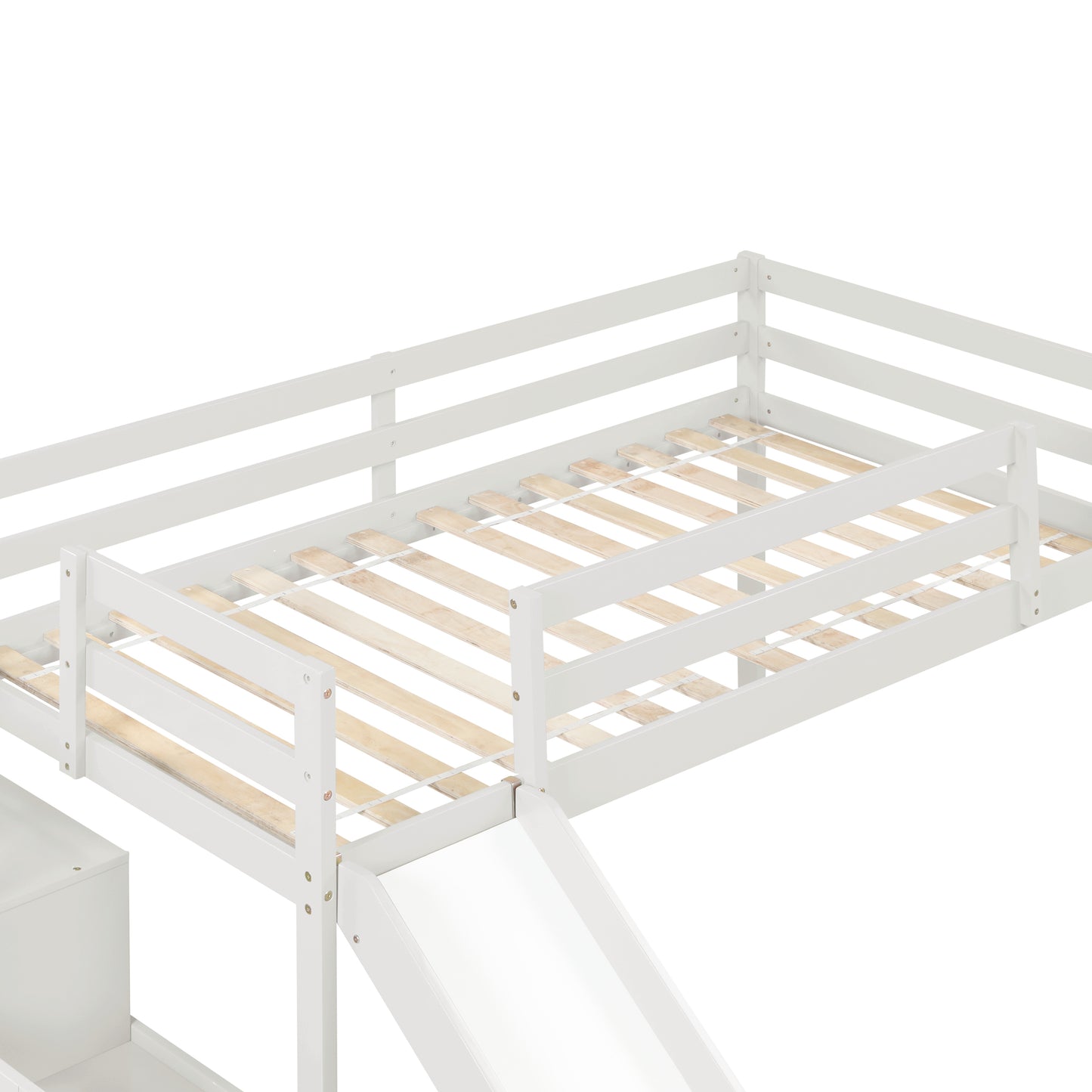 Loft Bed with Staircase, Storage, Slide, Twin size, Full-length Safety Guardrails, No Box Spring Needed, White