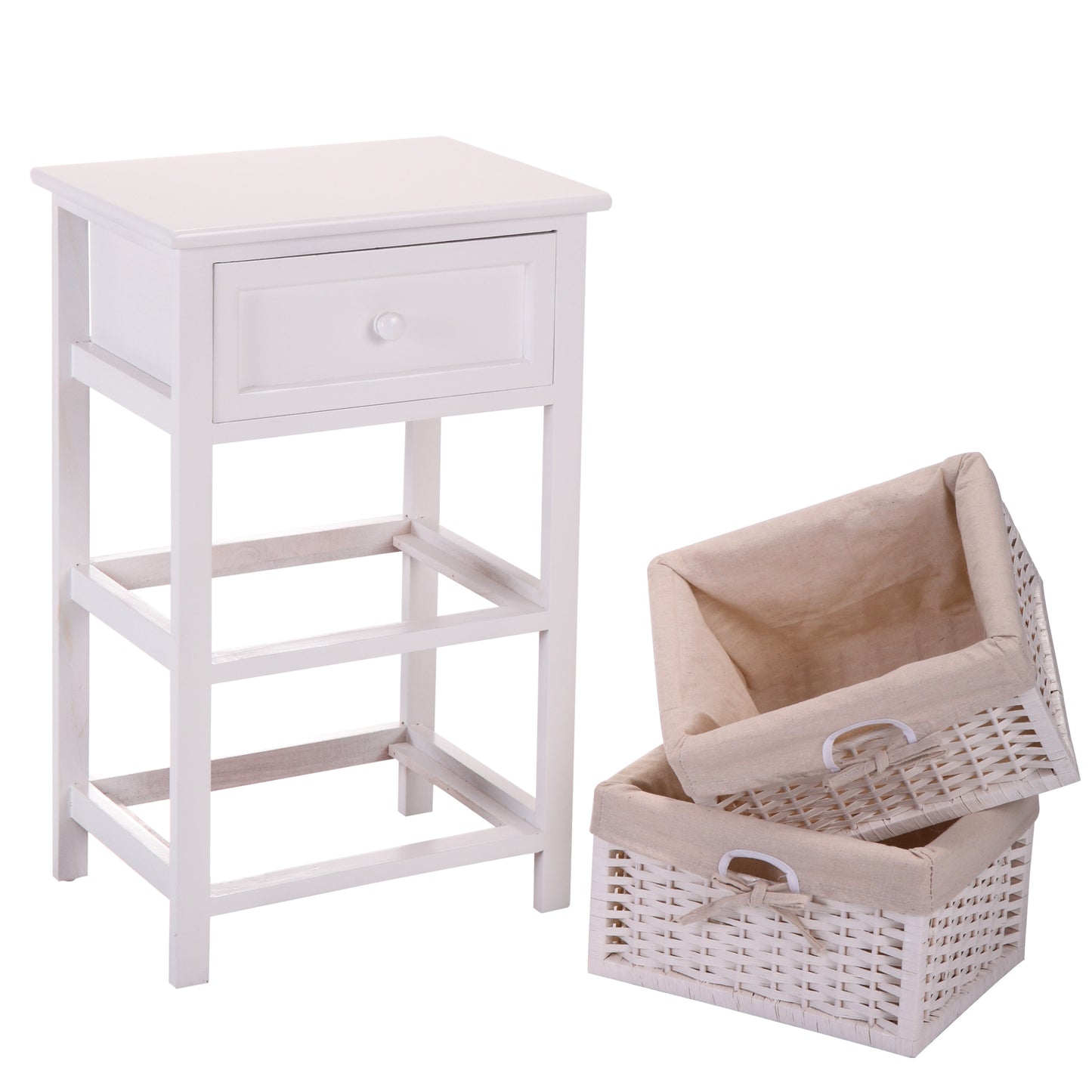 One Drawer Nightstand with Two Removable Baskets, Storage Bedside Table, Modern End Table with Tall Legs, Indoors, White