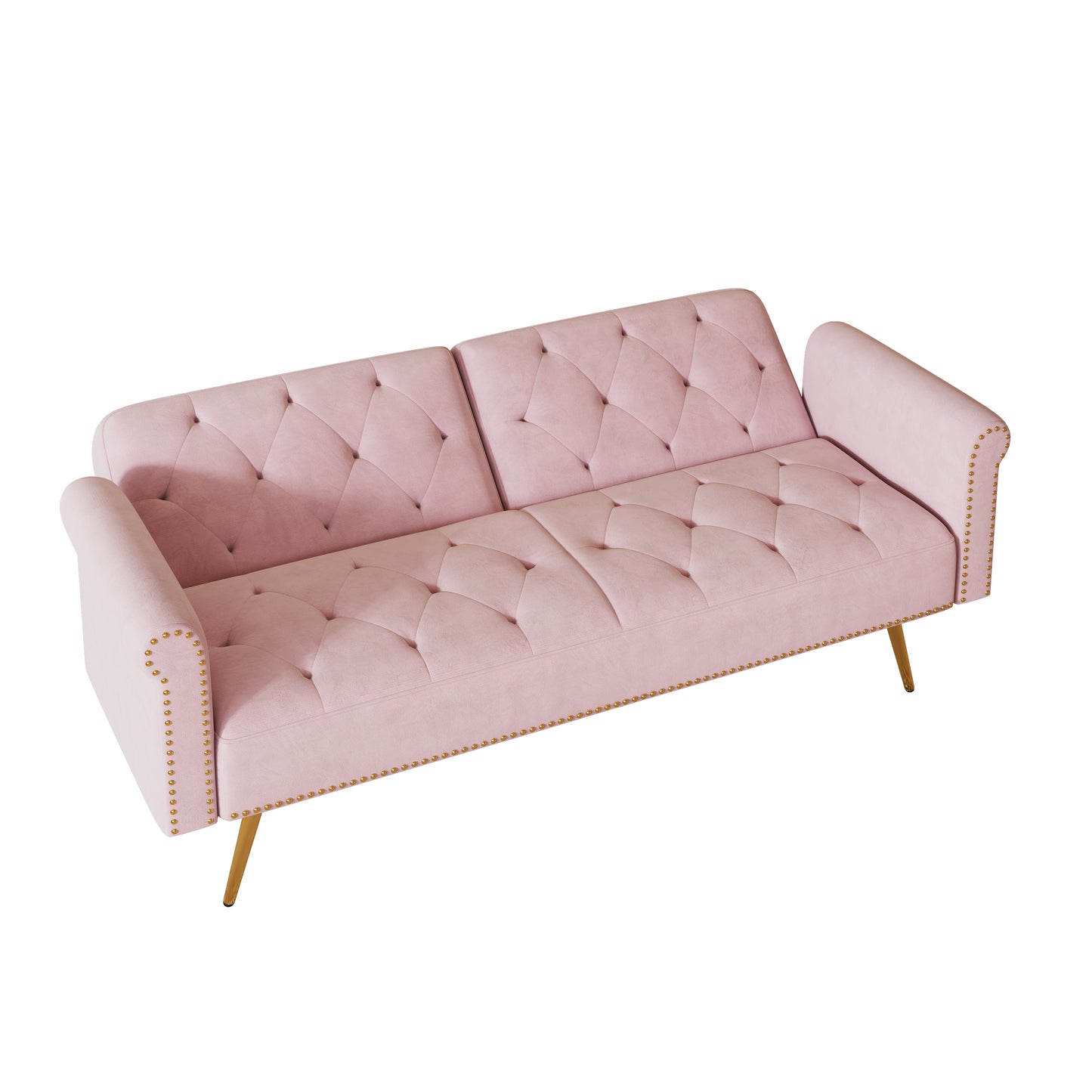 69.7 Elegant Pink Velvet Sofa Bed with Nail Head Accents and Throw Pillow