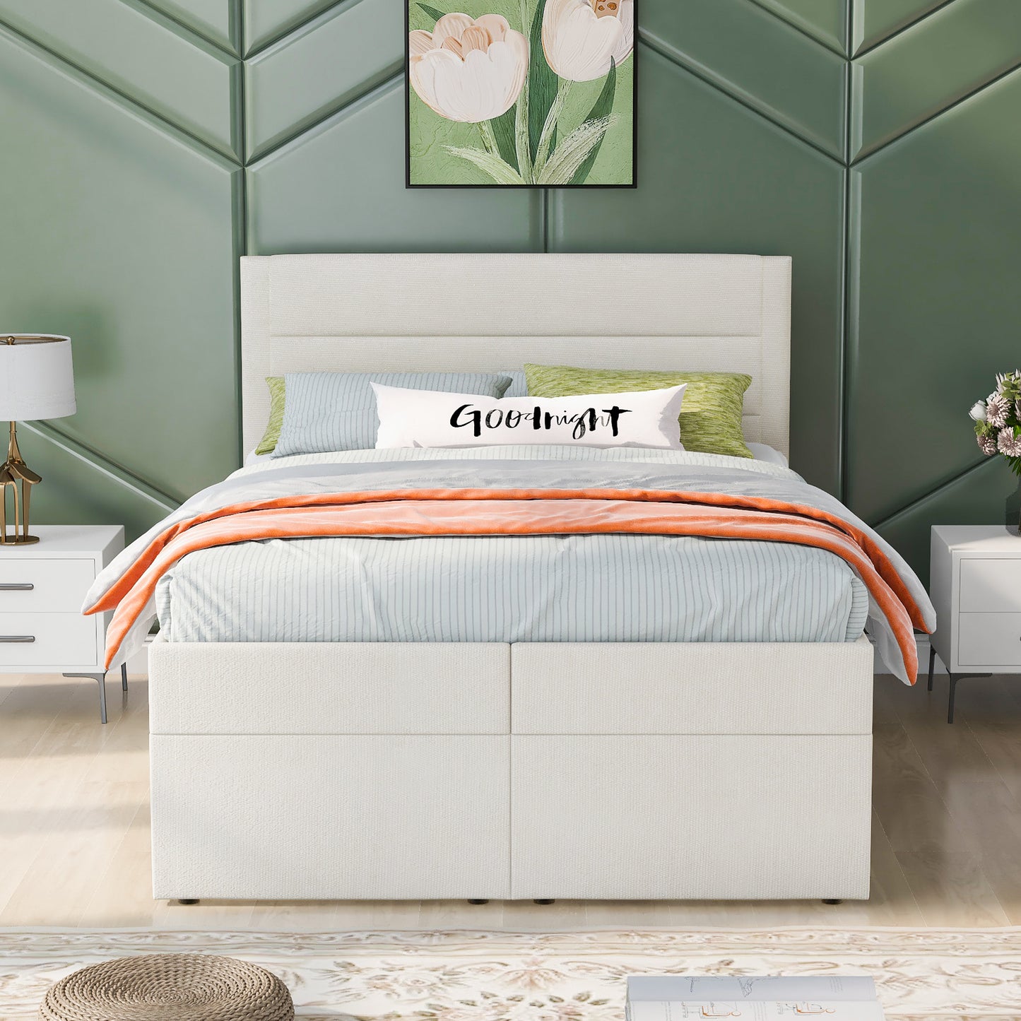 Full Size Upholstered Platform Bed with Storage Underneath, Beige