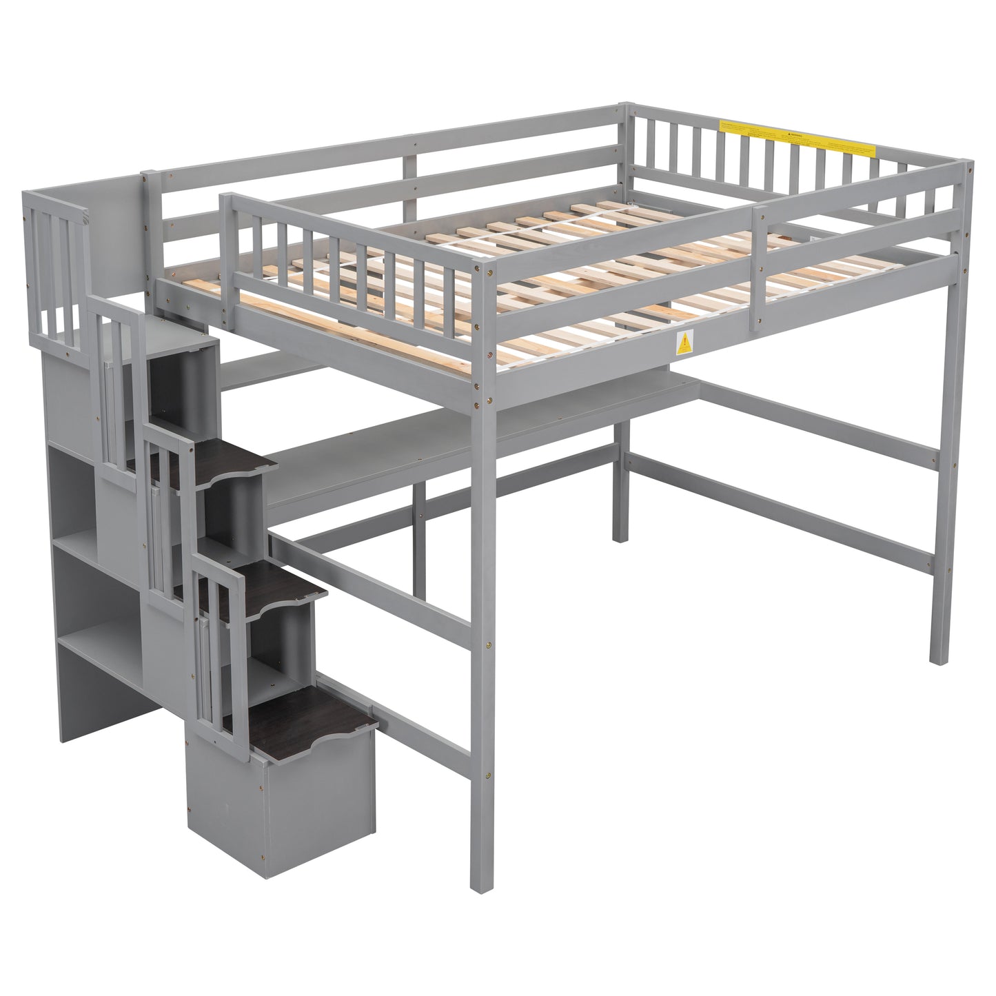 Full Size Loft Bed with Desk, Storage shelves and Staircase,Grey