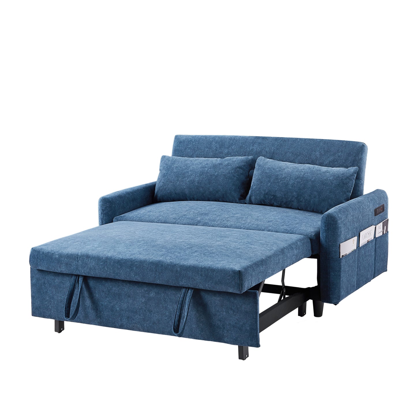 55.1 Blue Pull Out Sleeper Loveseat Sofa Bed with Adjustable Backrest and USB Ports