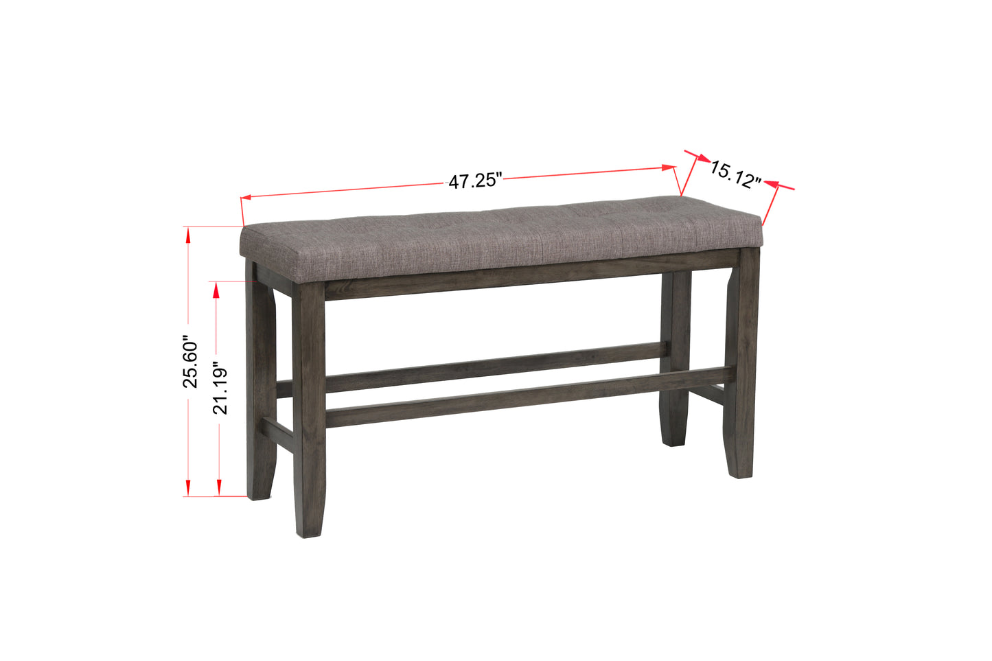 1Pc Modern Counter Height Bench Tufted Upholstery Tapered Wood Legs Bedroom Living Room Furniture Gray Linen Finish