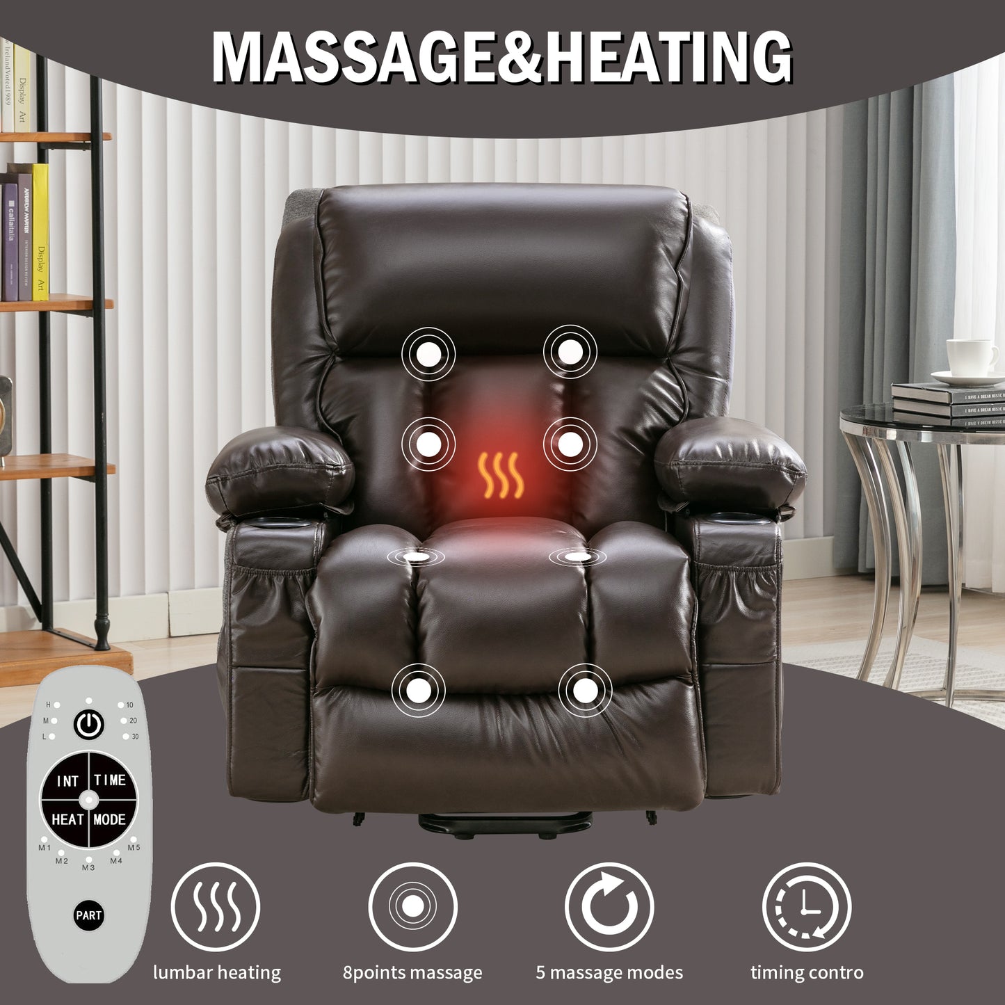 Electric Power Lift Recliner Chair with Heat and Massage, Brown