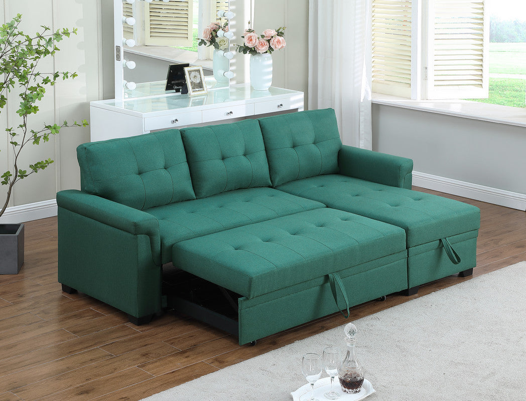 Lucca Emerald Linen Reversible Sleeper Sectional Sofa with Storage Chaise