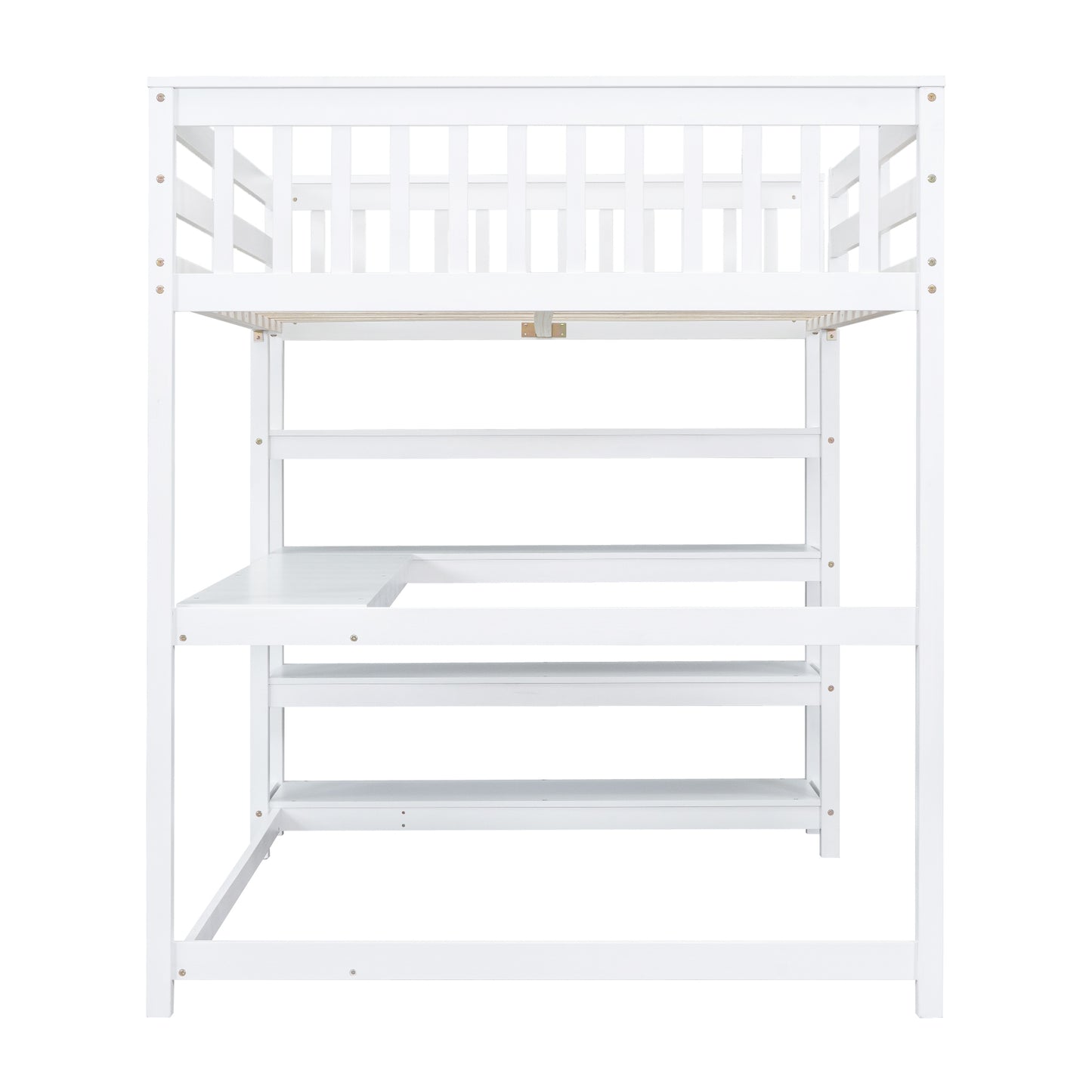 Full Size Loft Bed with Storage Shelves and Under-bed Desk, White