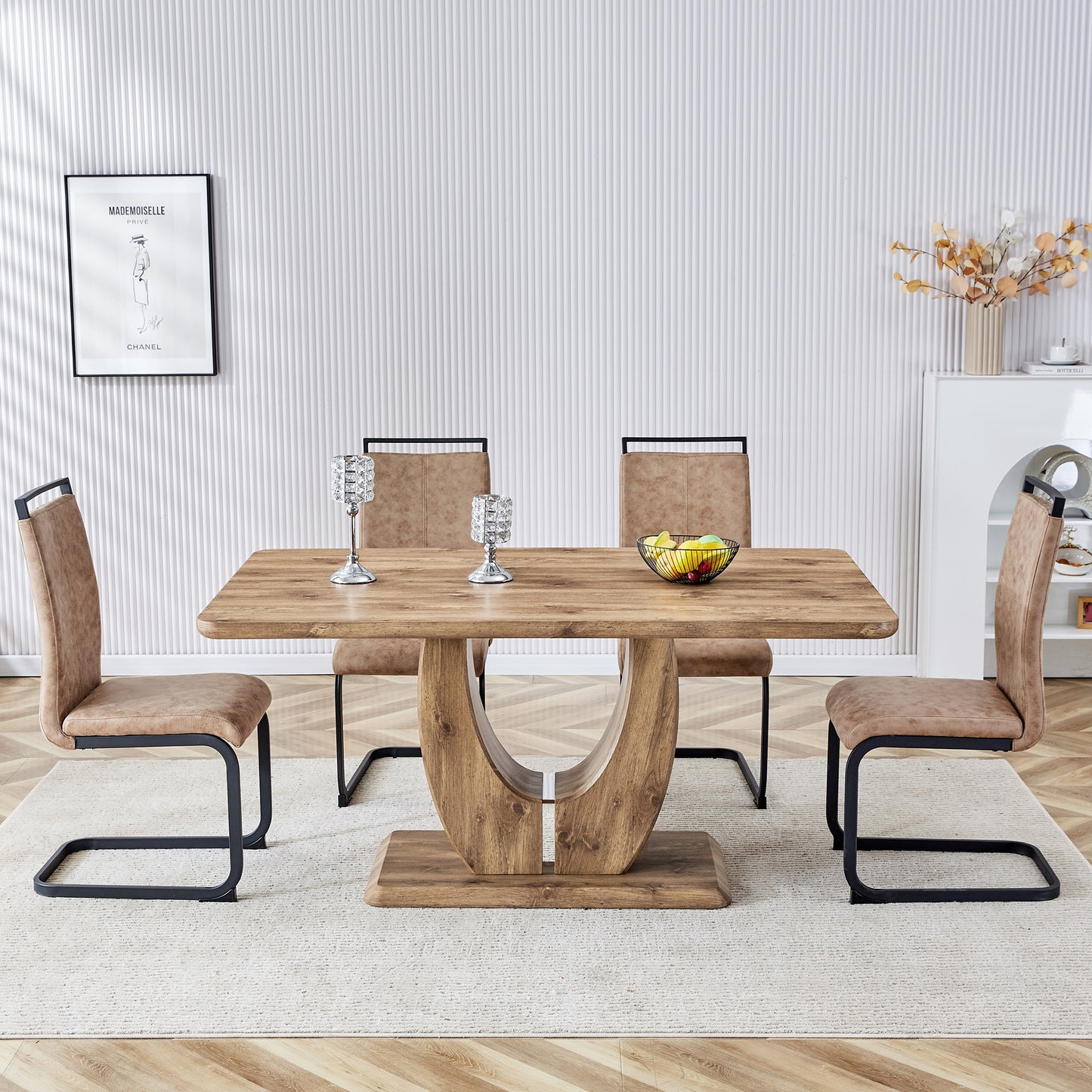 5 Piece Modern Dining Table Set, Rectangular Kitchen Table Set with Wooden Tabletop＆4 Pu Leather Upholstered Chairs Ideal for Dining Room, Kitchen