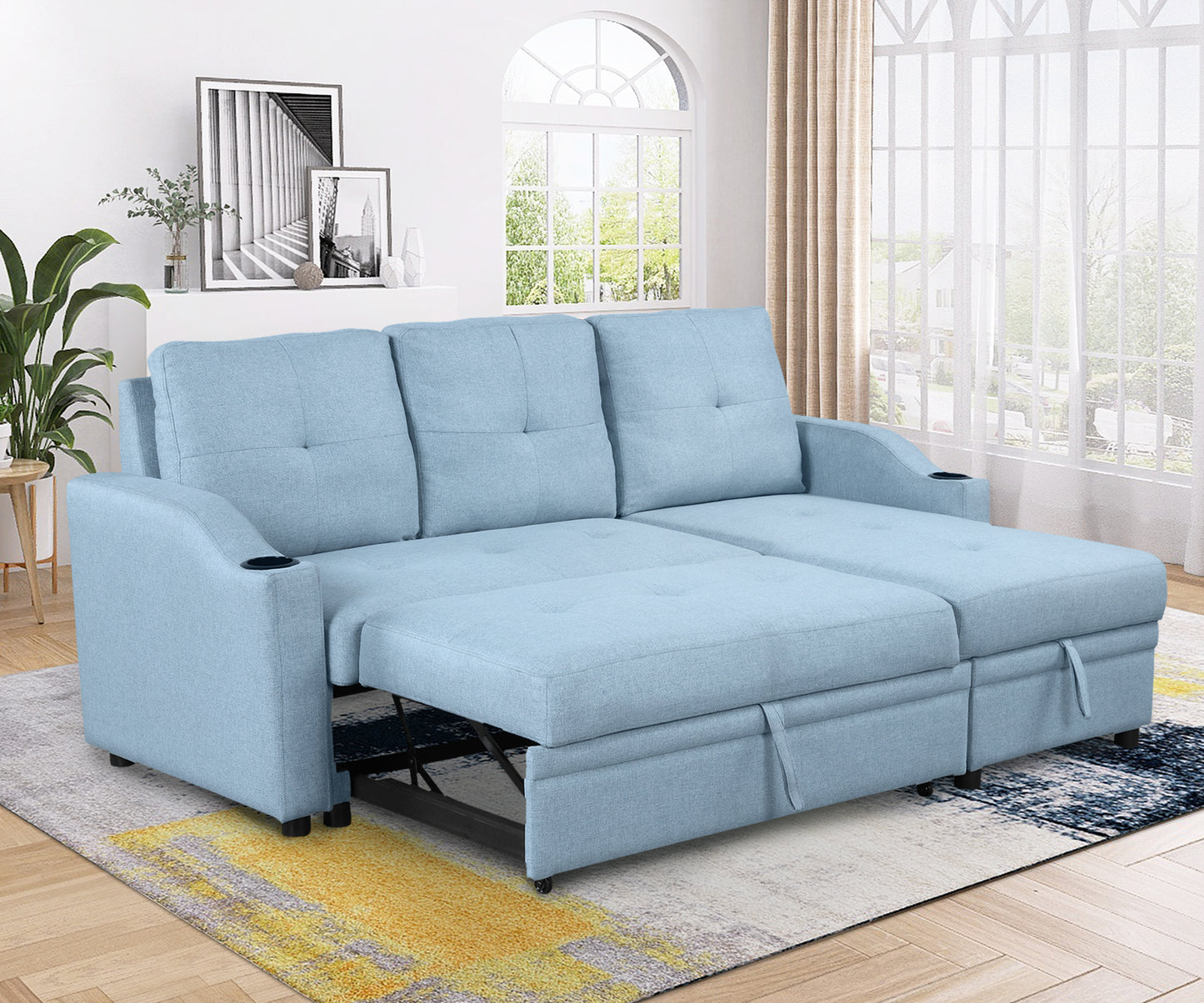 Orisfur Pull Out Sofa Bed with Storage Chaise and Cup Holder