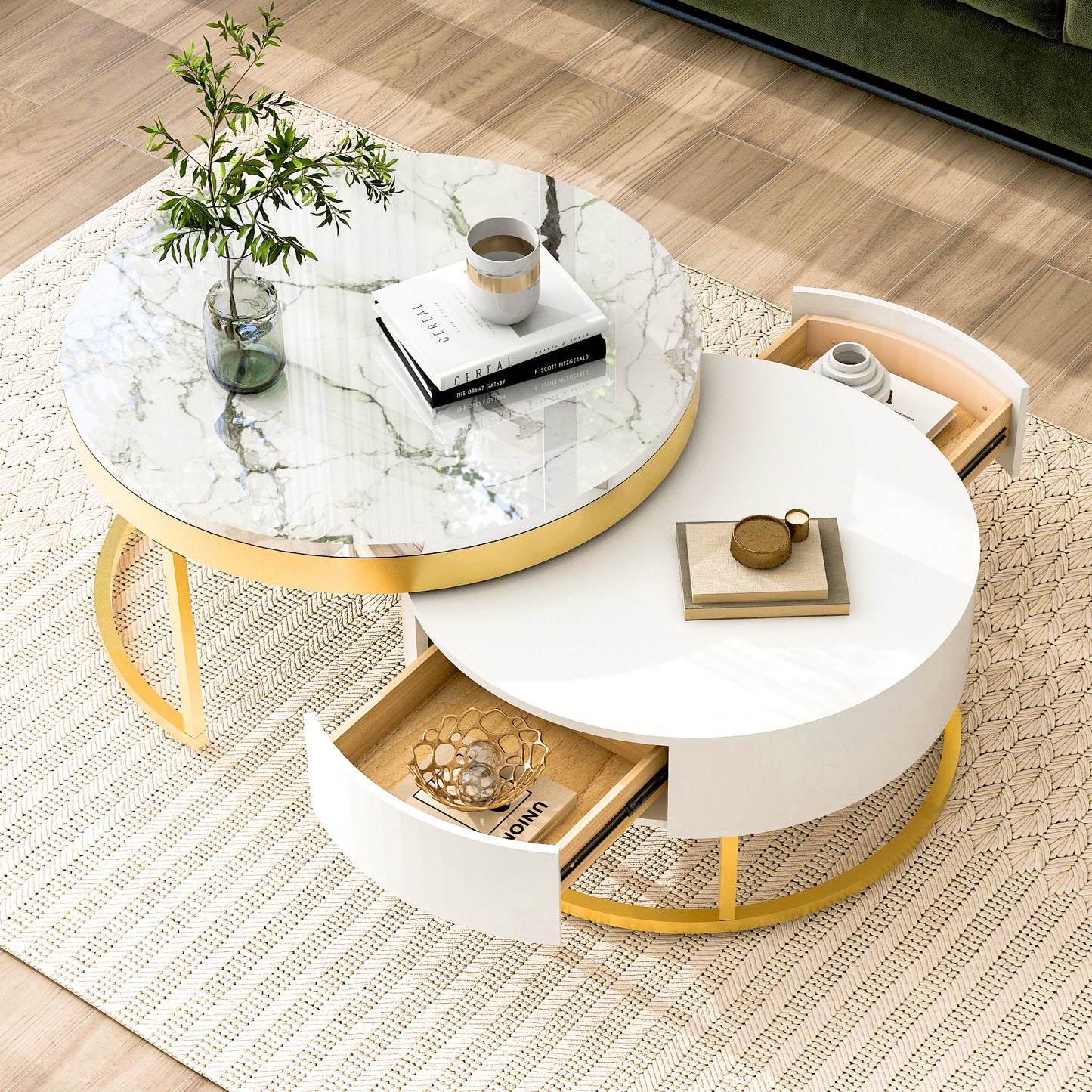 Contemporary White and Gold Nesting Coffee Table with Storage Drawers