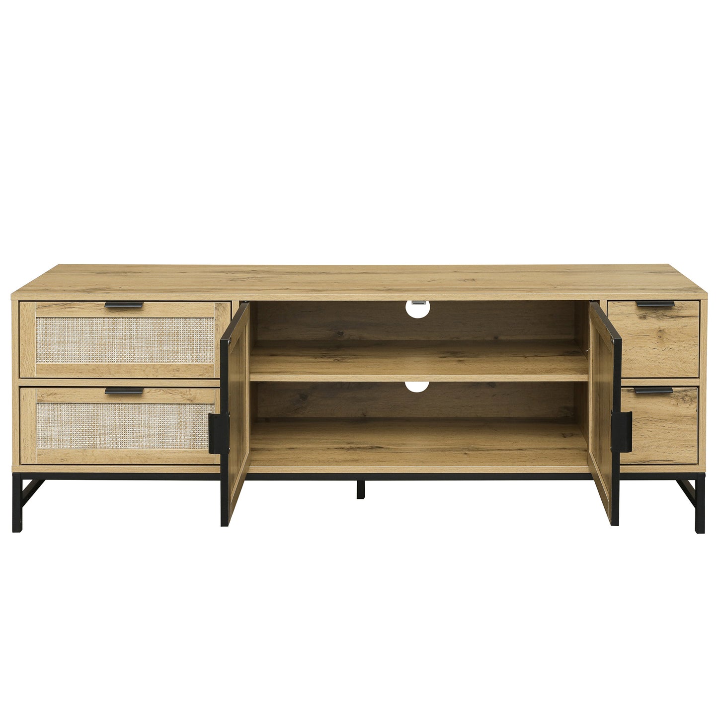 Sleek Boho-Style Rattan TV Console with Adjustable Shelves