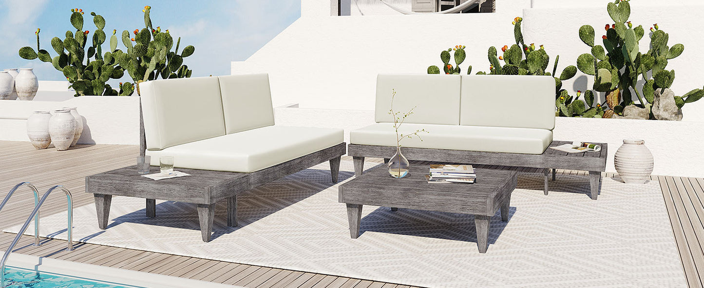 3-Piece Acacia Wood Patio Furniture Set with Conversation Sectional Sofa and Side Tables, Grey+Beige