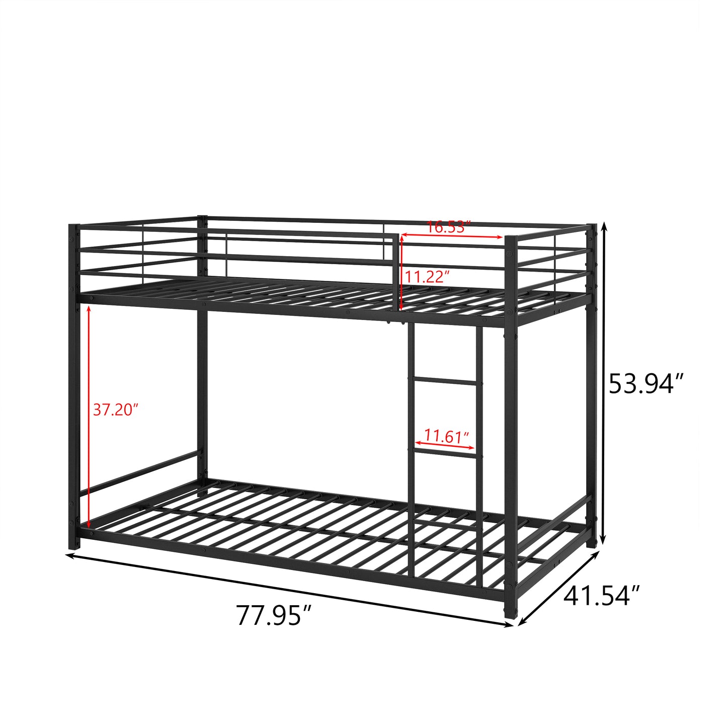 Black Finish Metal Twin Over Twin Bunk Bed with Safety Guard Rails