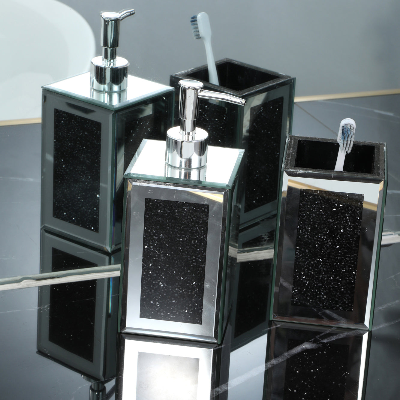 Contemporary Glass Square Soap Dispenser and Toothbrush Holder Bundle