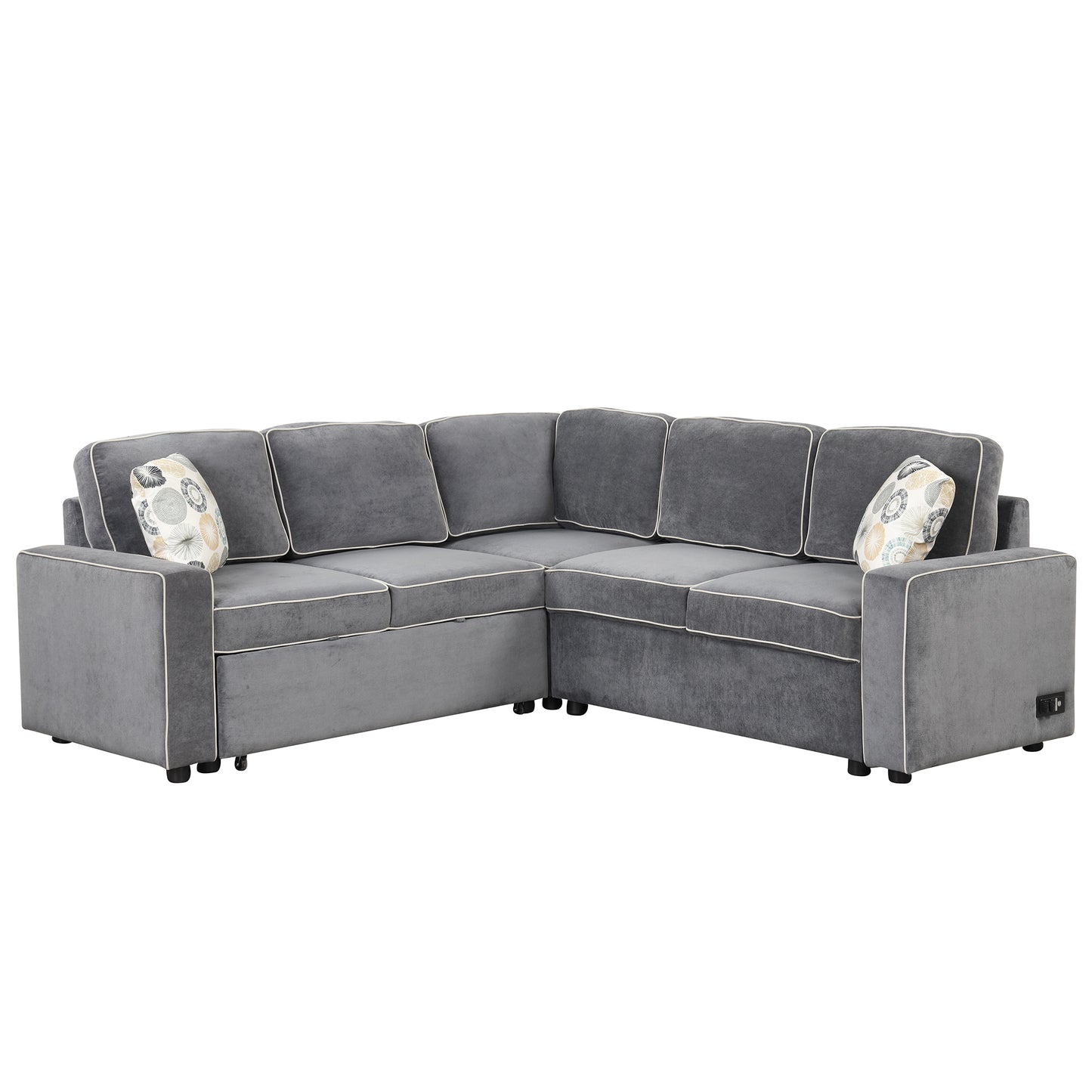 83 L-Shaped Convertible Sleeper Sofa with USB ports, Power Sockets, and Pillows, Gray