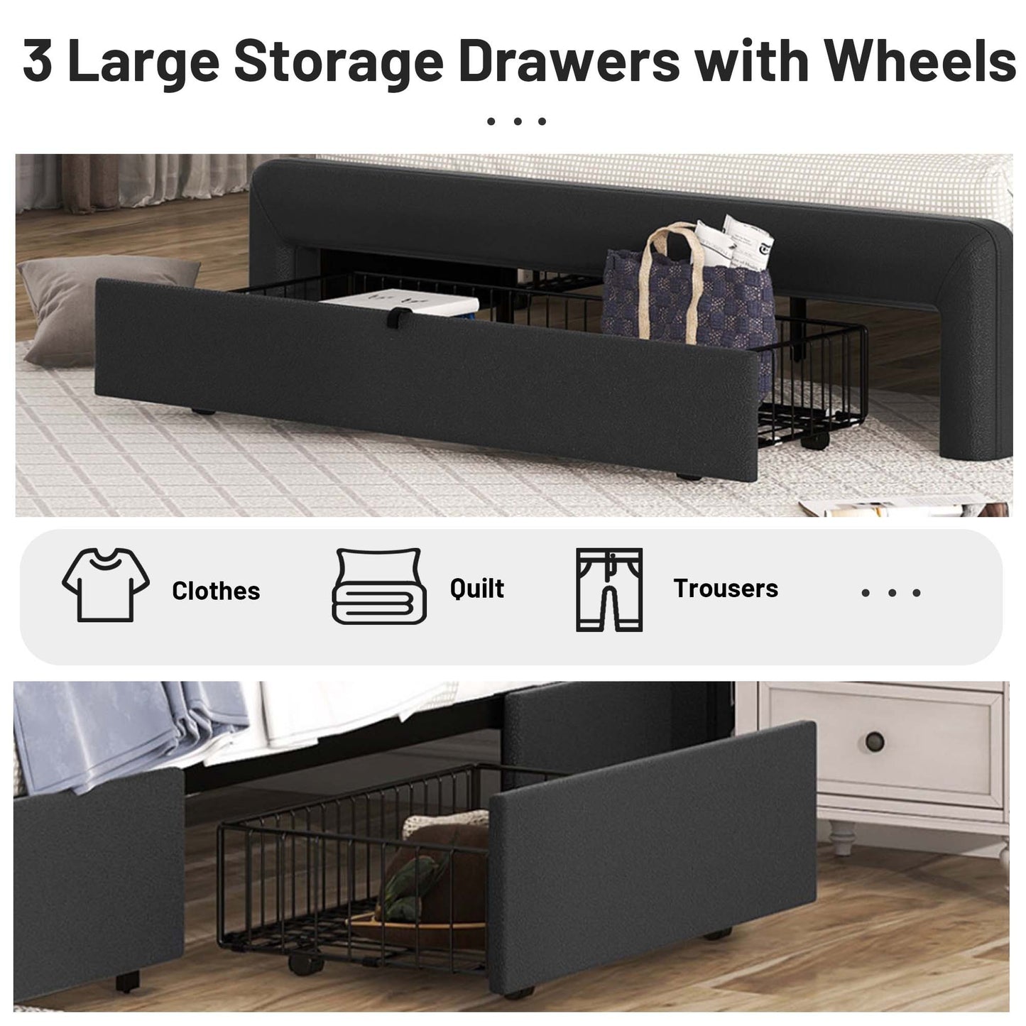 Queen Size Bed Frame with Drawers Storage, Leather Upholstered Platform Bed with Charging Station, Black