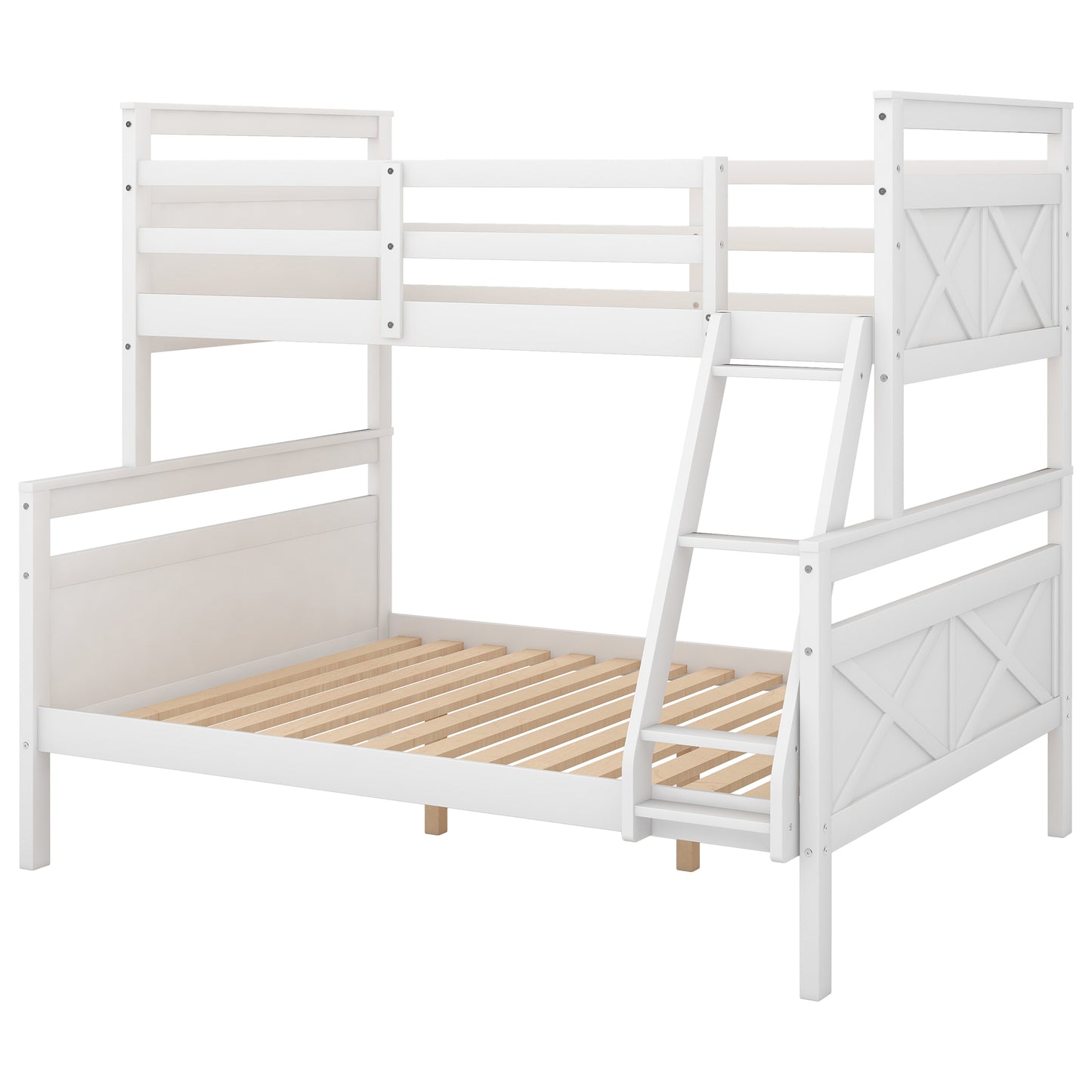 Elegant White Twin over Full Bunk Bed with Safety Guardrail and Ladder