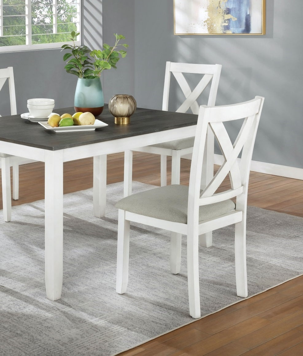 Rustic Simple Dinette 5pc Set Distressed White And Gray Dining Table 4x Side Chairs Padded Fabric Seat Natural Wood Grain Texture Dining Room Furniture