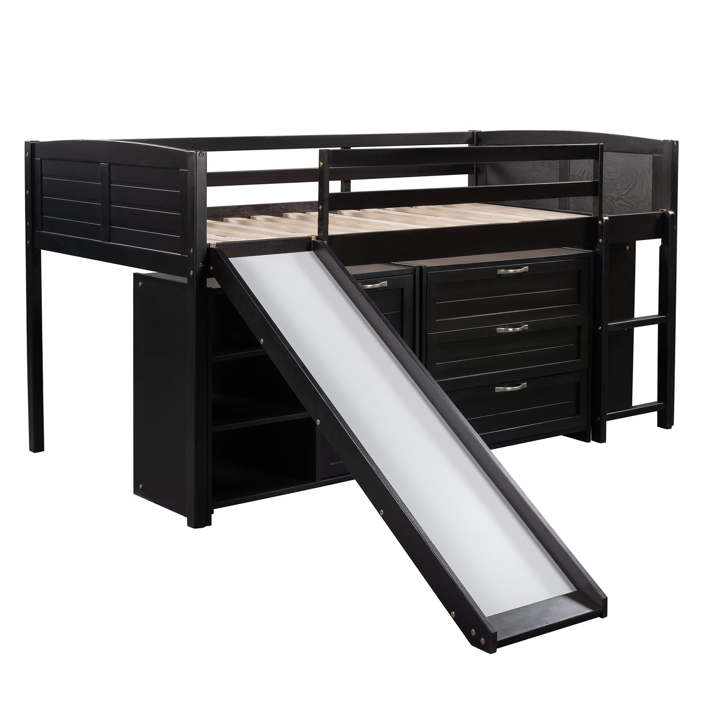 Low Twin Size Loft Bed with Cabinets, Shelves and Slide - Espresso