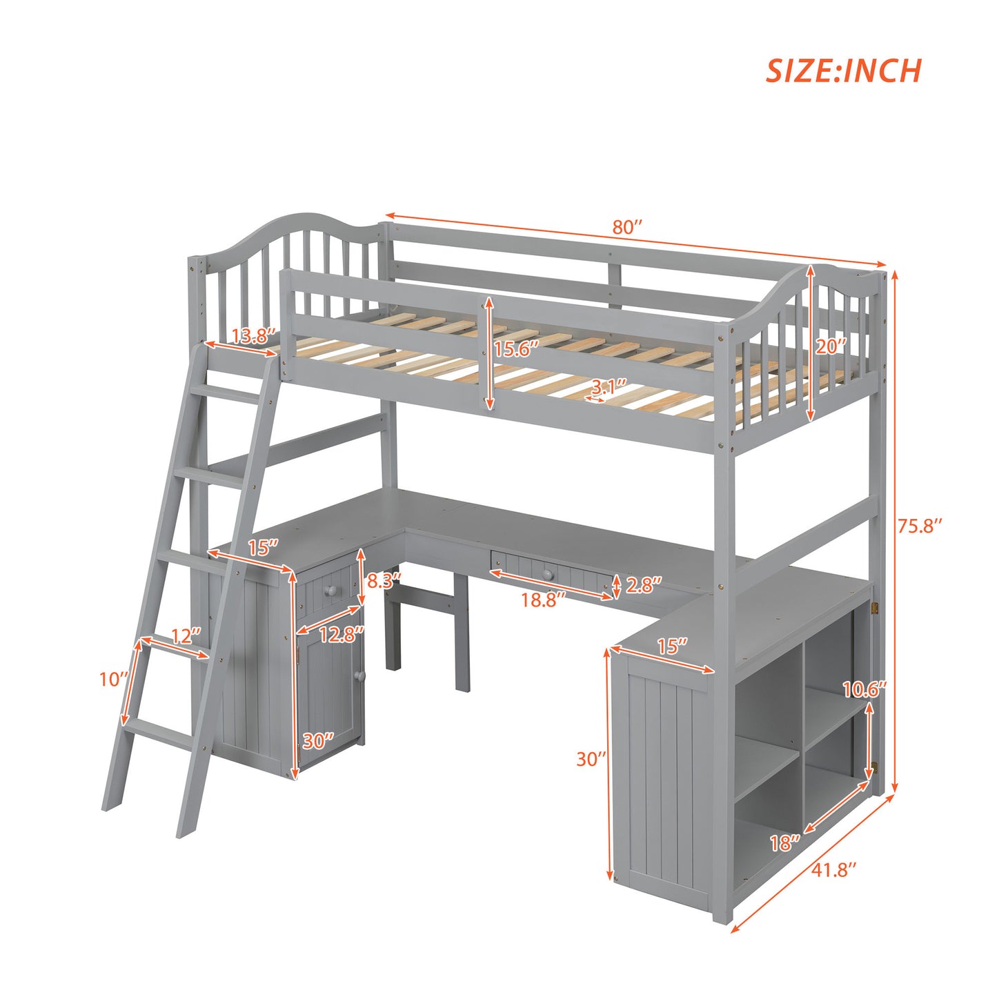 Twin size Loft Bed with Drawers, Cabinet, Shelves and Desk, Wooden Loft Bed with Desk - Gray( :LT000505AAE)