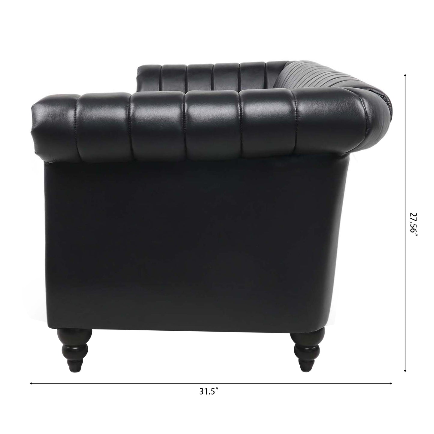 Elegant Black PU Rolled Arm Chesterfield Three-Seater Sofa, 83.46