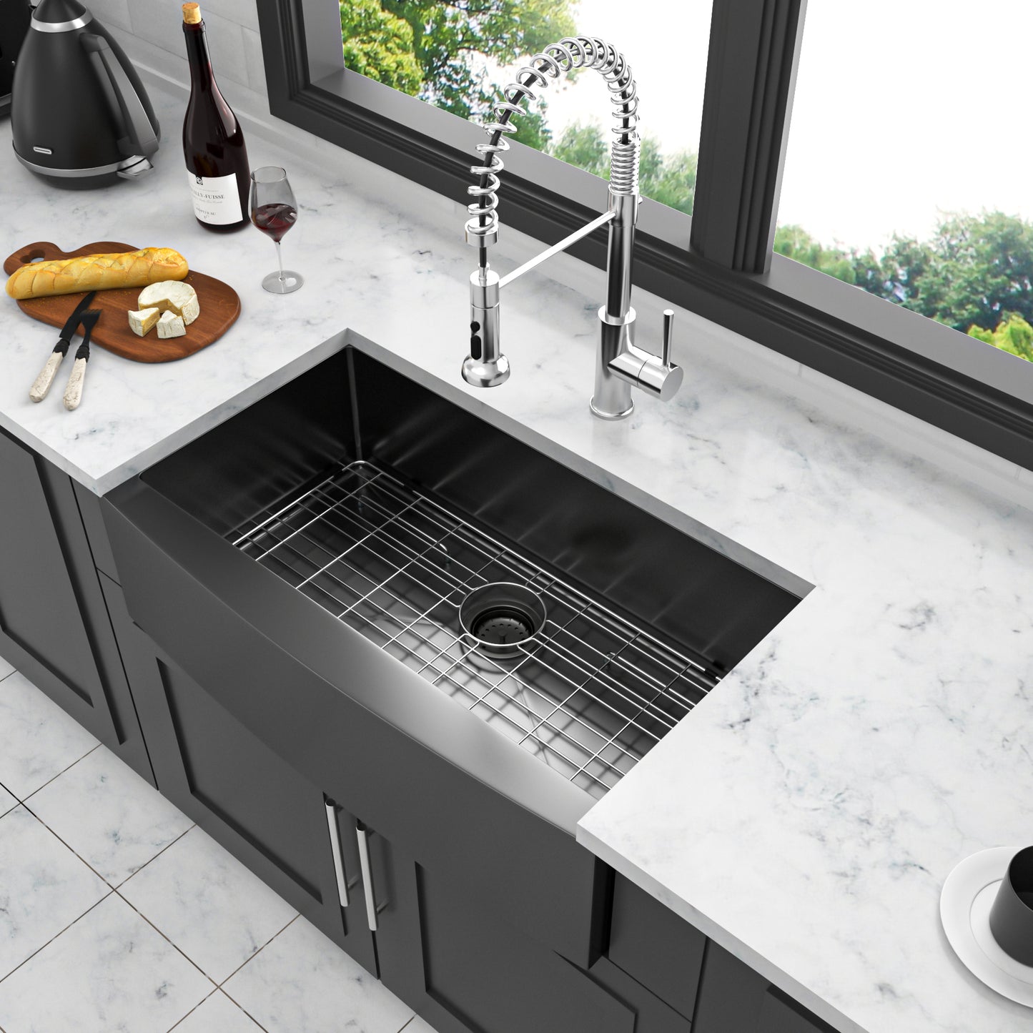 33-inch Gunmetal Black Stainless Steel Farmhouse Kitchen Sink with Noise Reduction and Efficient Drainage