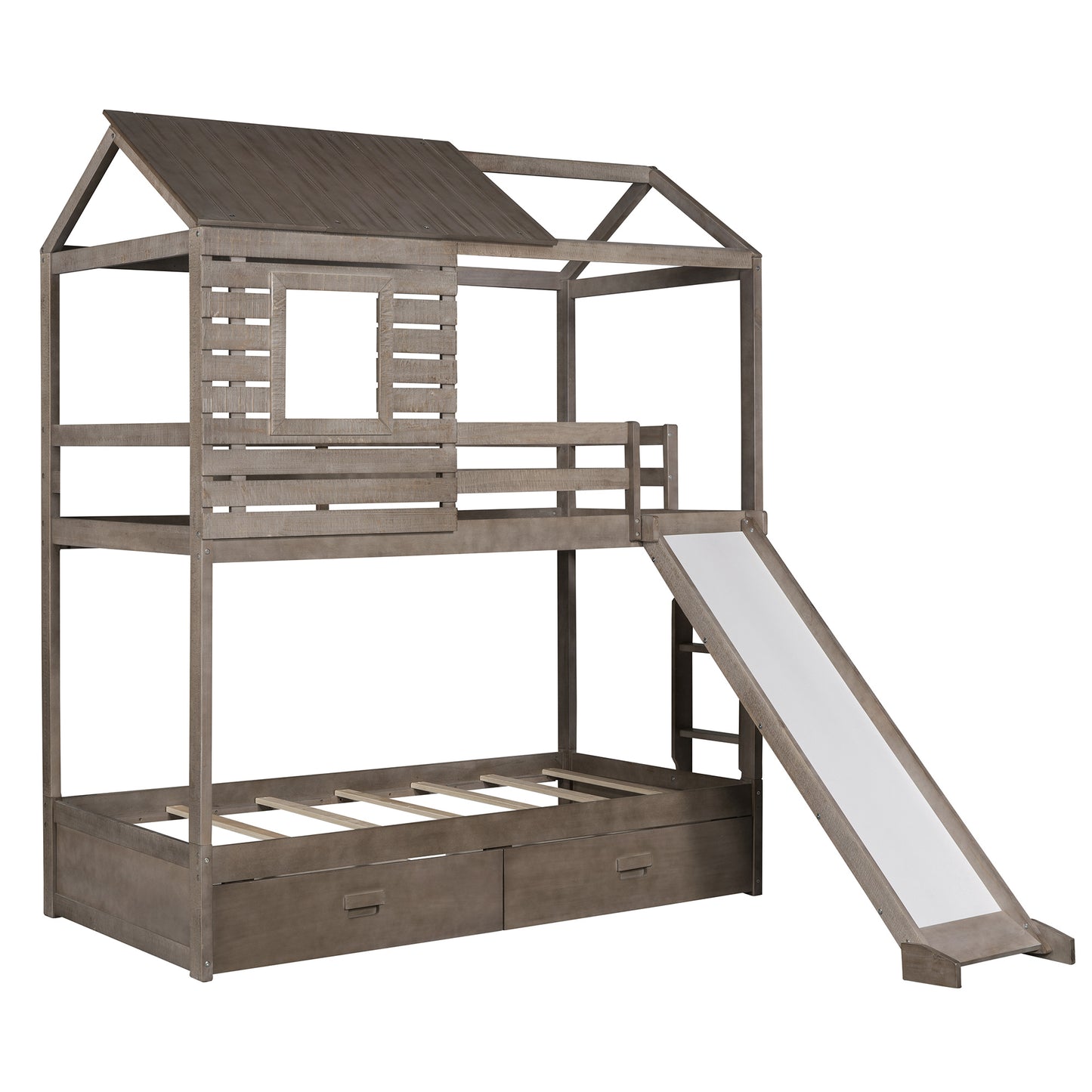 House-Shaped Twin Over Twin Bunk Bed with Slide, Storage Drawers, and Antique Gray Wood Finish