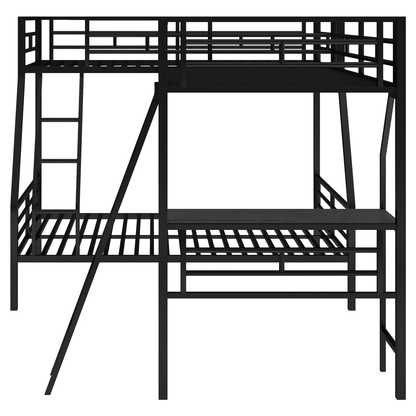 Innovative Space-Saving Twin over Full Bunk Bed with Loft Bed, Desk & Metal Frame, Black