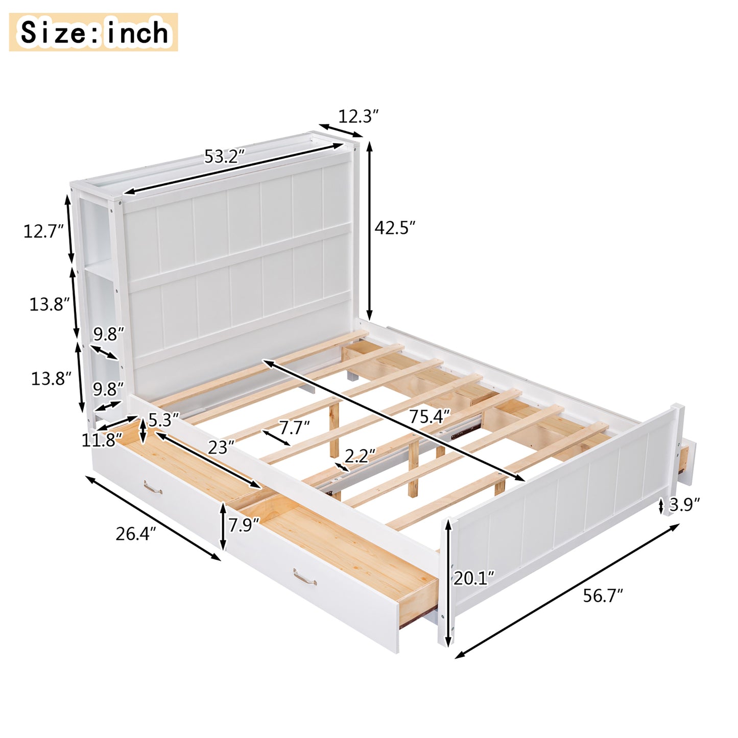 Full Size Platform Bed with Drawers and Storage Shelves, White