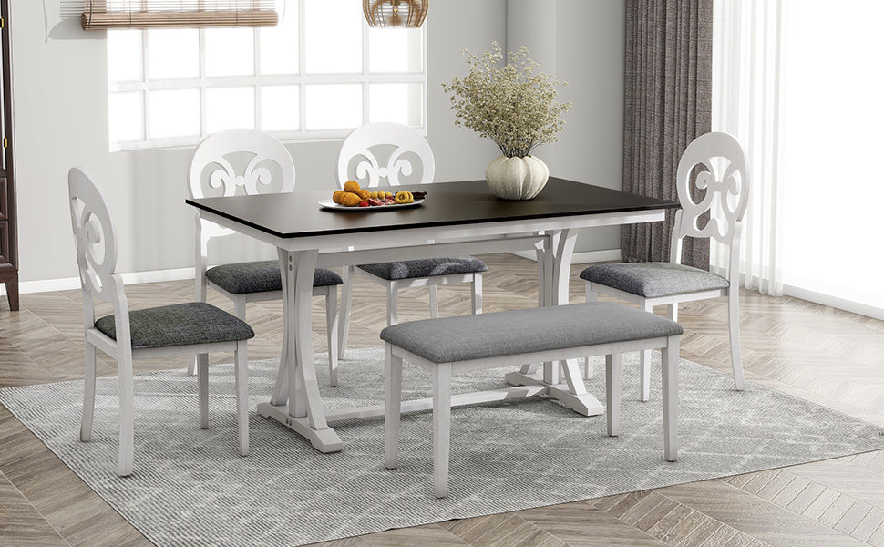 Mid-Century 6-Piece Trestle Table Set with Victorian Round Upholstered Dining Chairs and Long Bench, Gray+Antique White