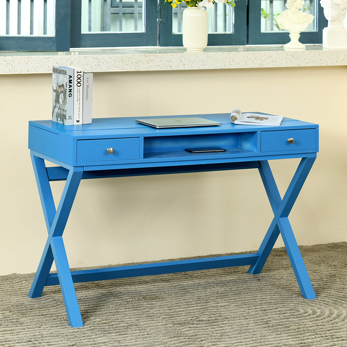 Height-Adjustable Blue Desk with 2 Drawers and Lift-Up Top