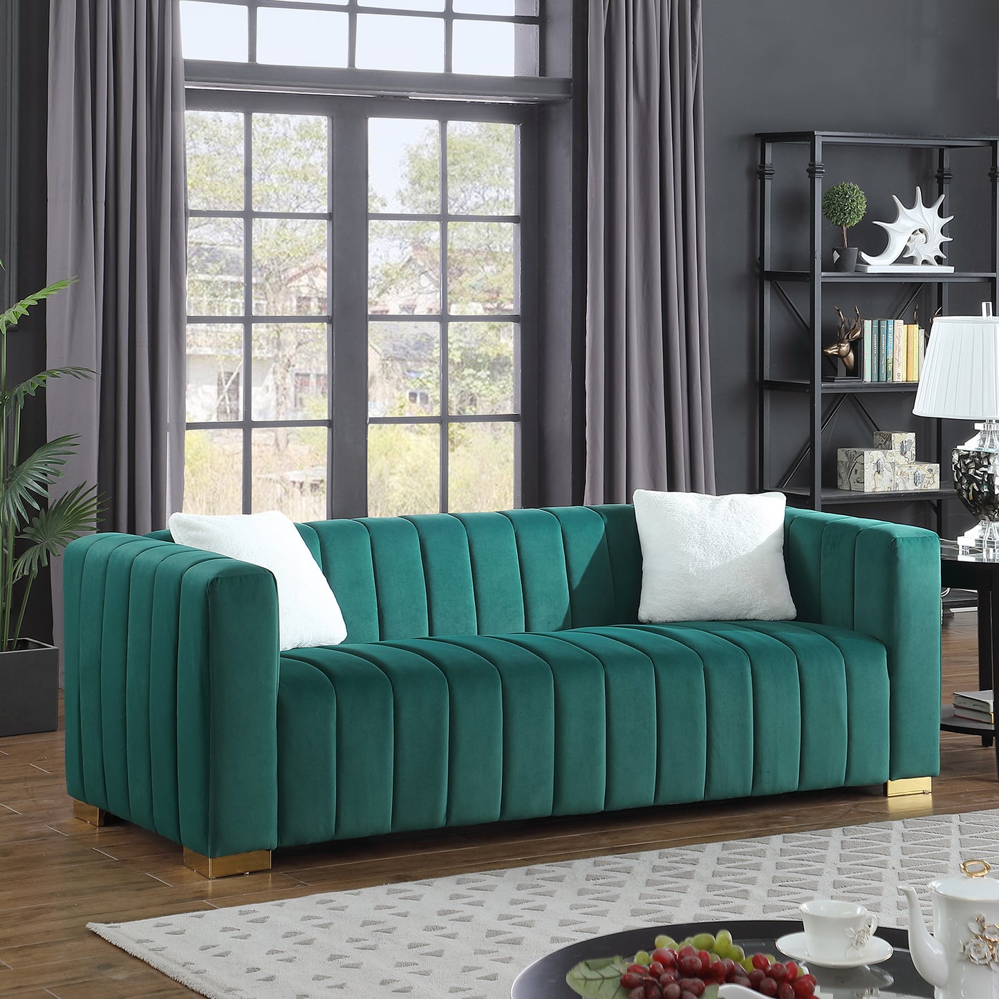 Chesterfield Inspired Dark Green Velvet Sofa Set with 3 Seater and Loveseat