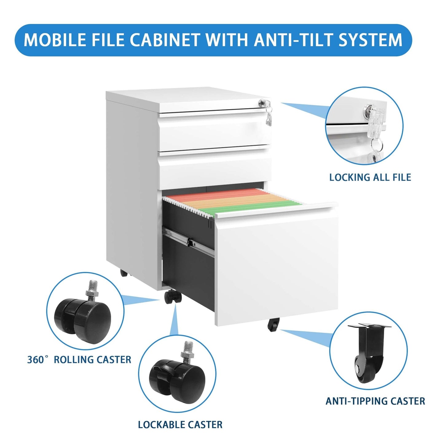 3 Drawer Mobile File Cabinet with Lock and Wheels, White Metal Filing Cabinet for Home Office