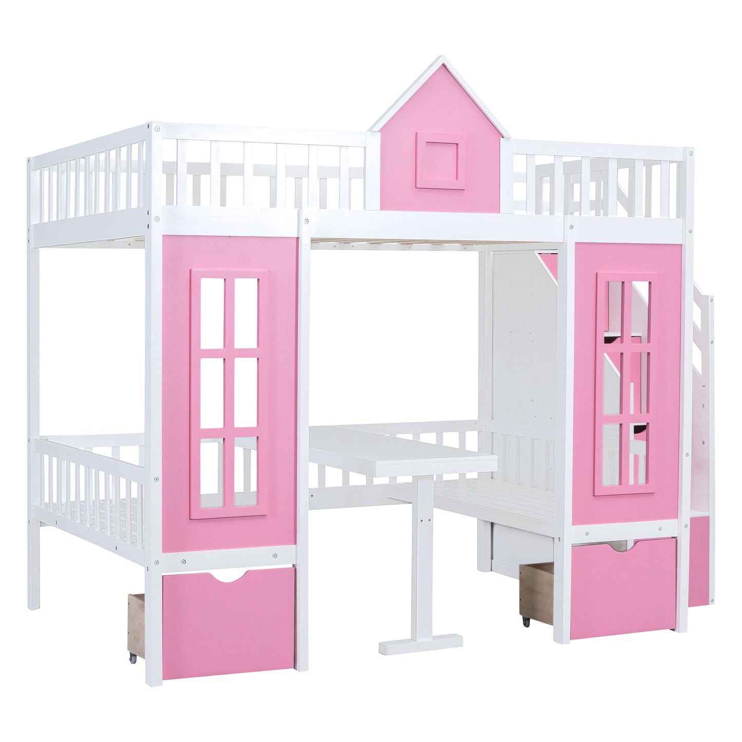 Pink Full-Over-Full Bunk Bed with Multi-Functional Table