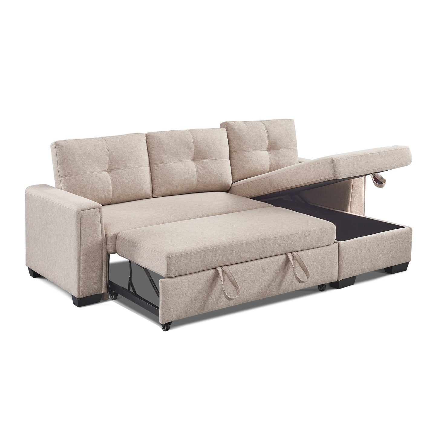 Modular Beige Fabric Sectional Sofa Bed with Storage Chaise & Convertible Sleeper