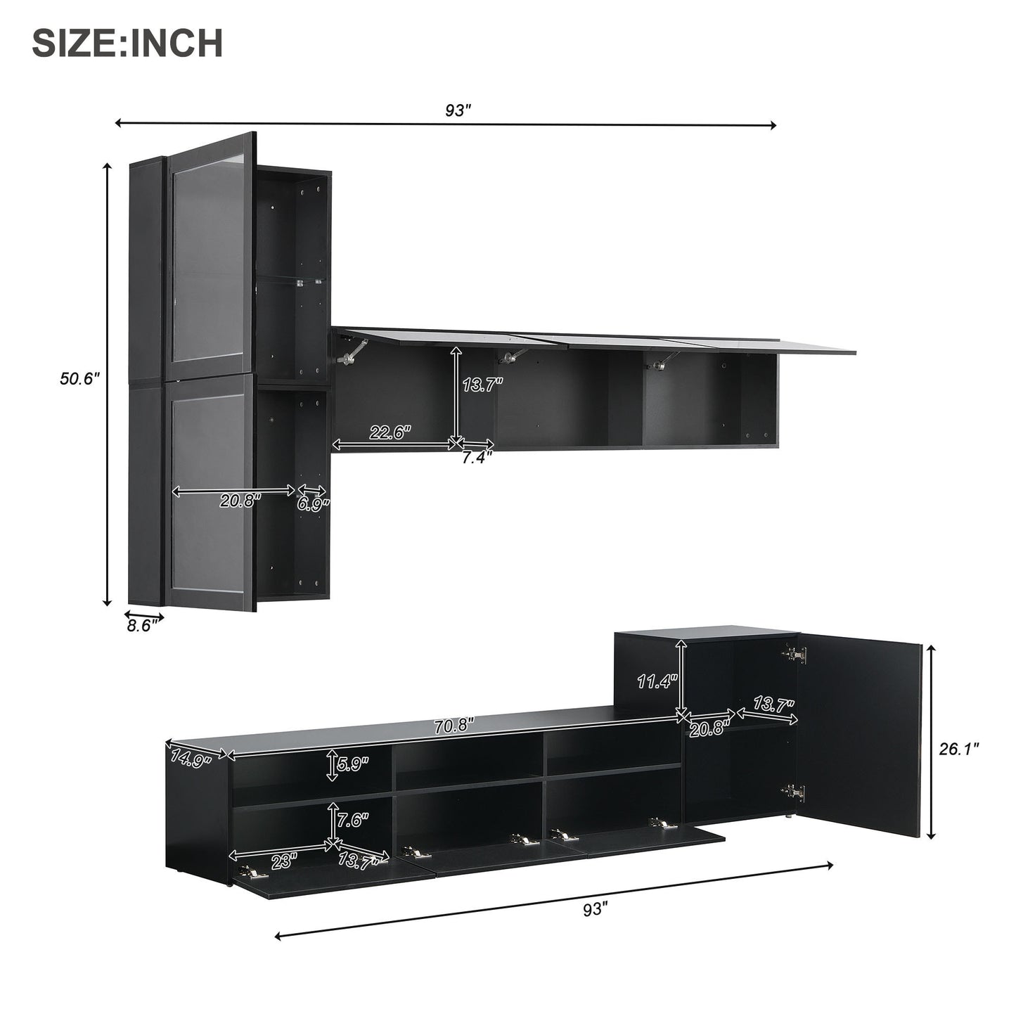 Modern Black High Gloss TV Stand with 9 Storage Cabinets