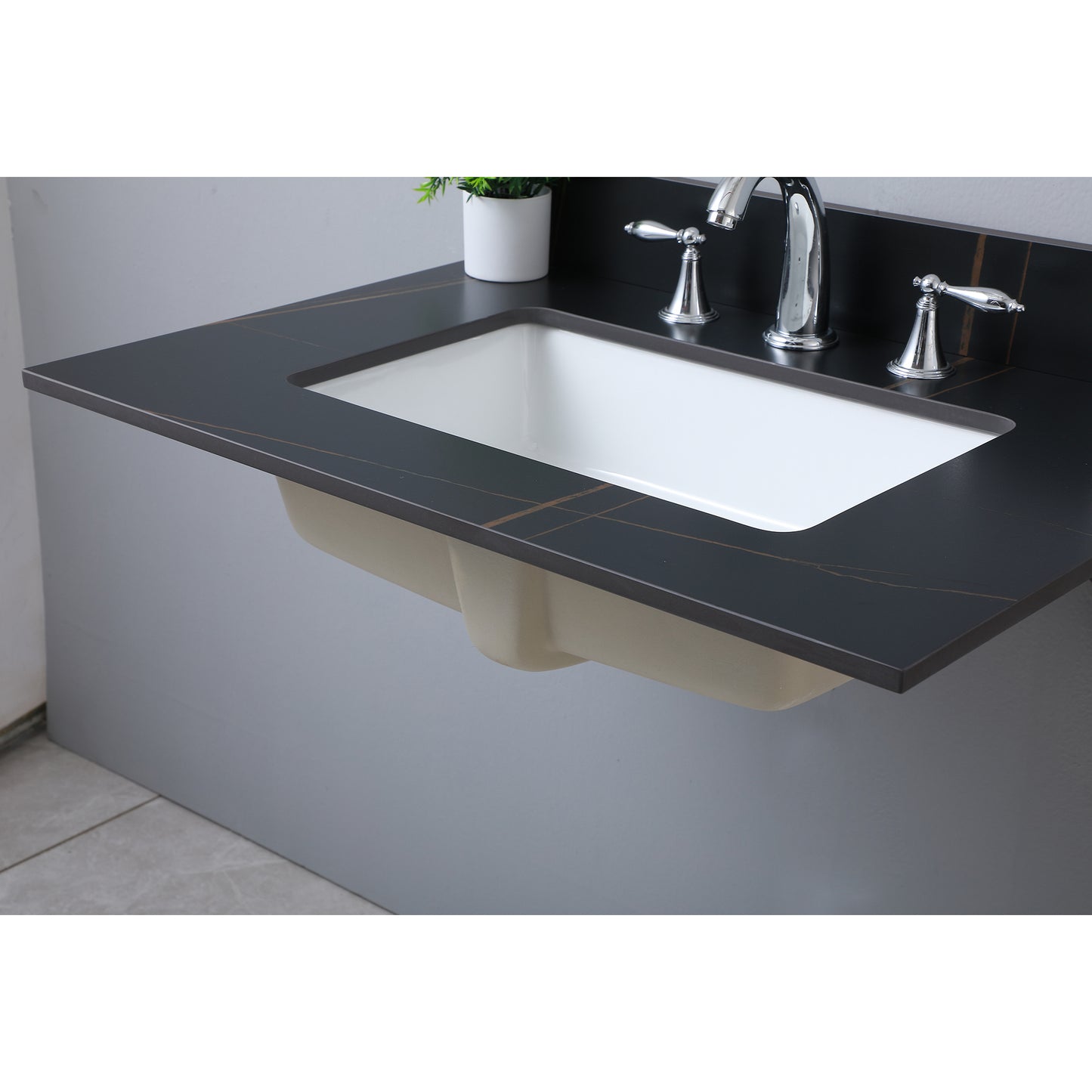 Montary 31inch  sintered stone  bathroom vanity top  black gold color with undermount ceramic sink and three faucet hole with backsplash