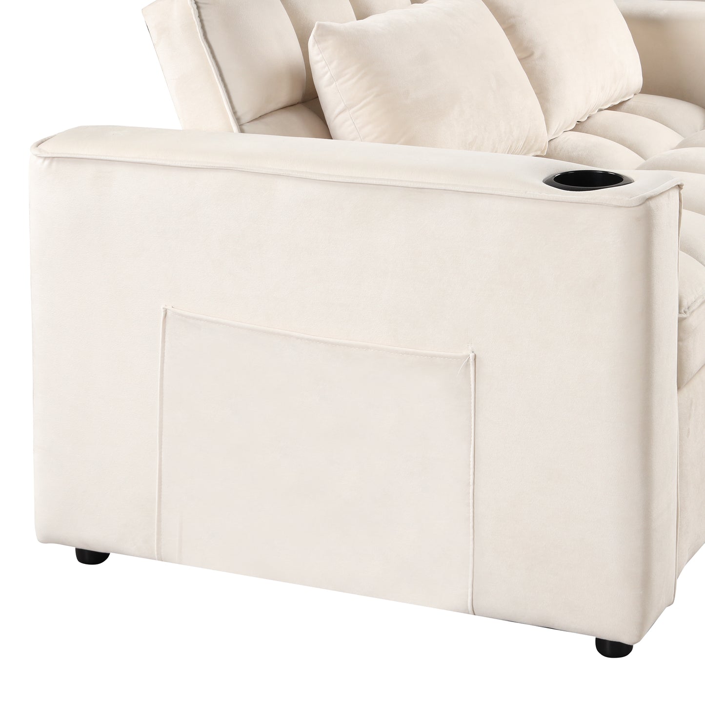 55.3 Multi-functional Sofa Bed with Cup Holder and USB Port for Living Room in Milky White